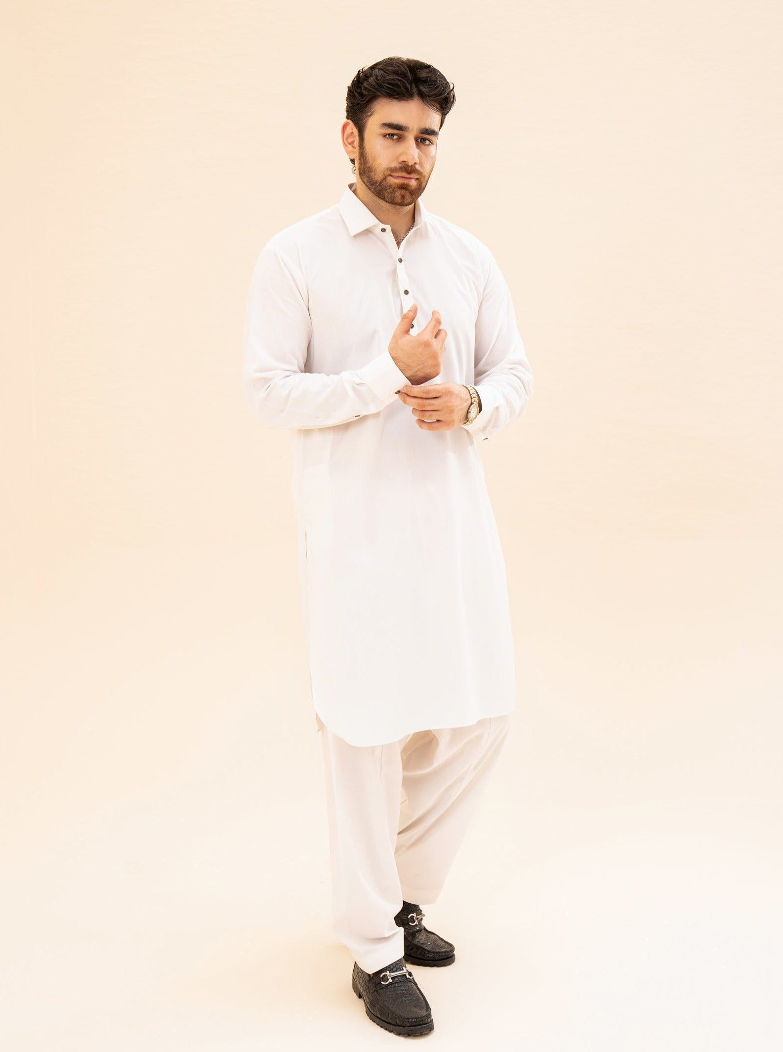 Off White Blended Fabric French Collar Kameez Shalwar (2-Piece) - Image 4