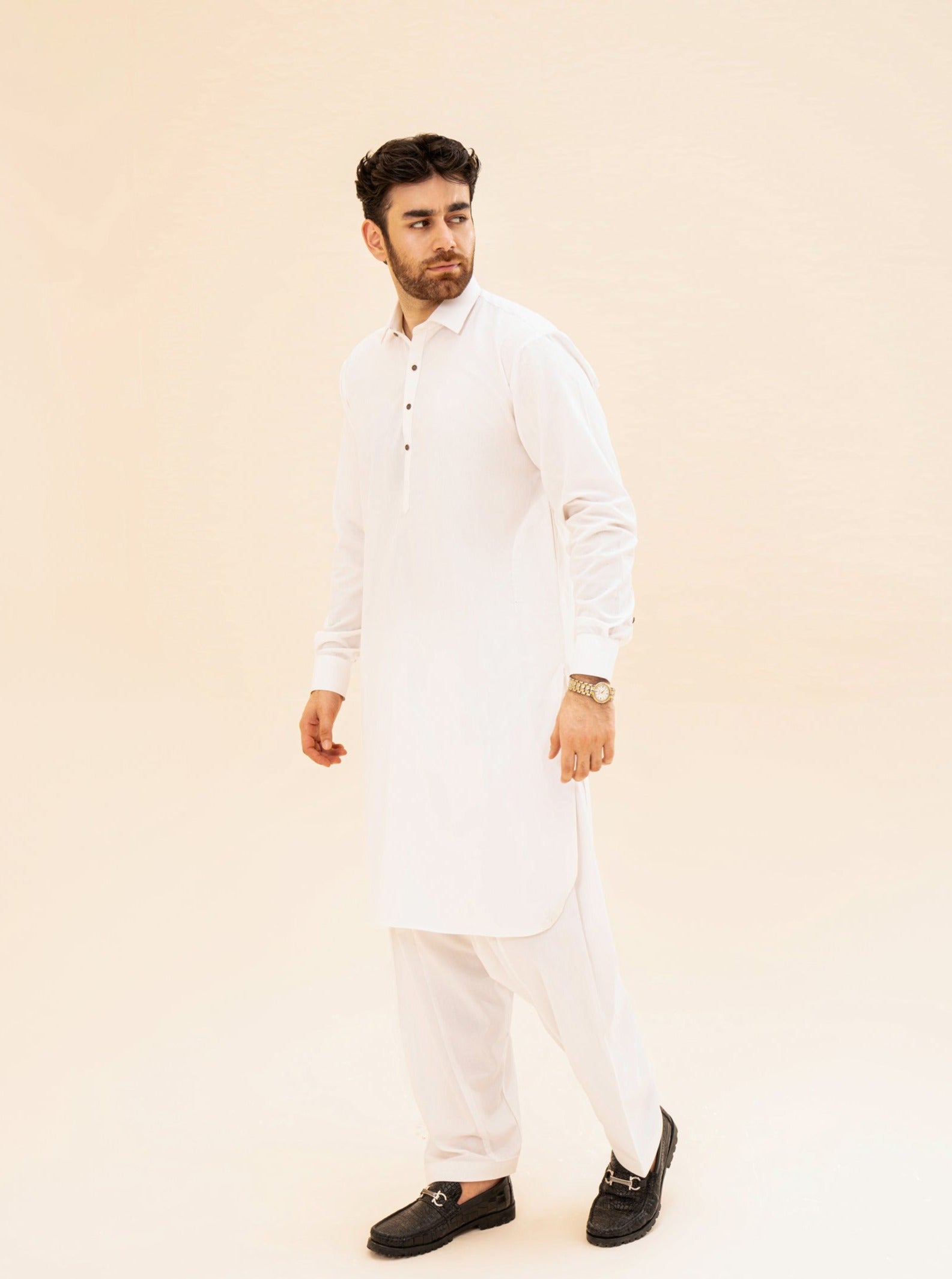 Off White Blended Fabric French Collar Kameez Shalwar (2-Piece) - Image 5