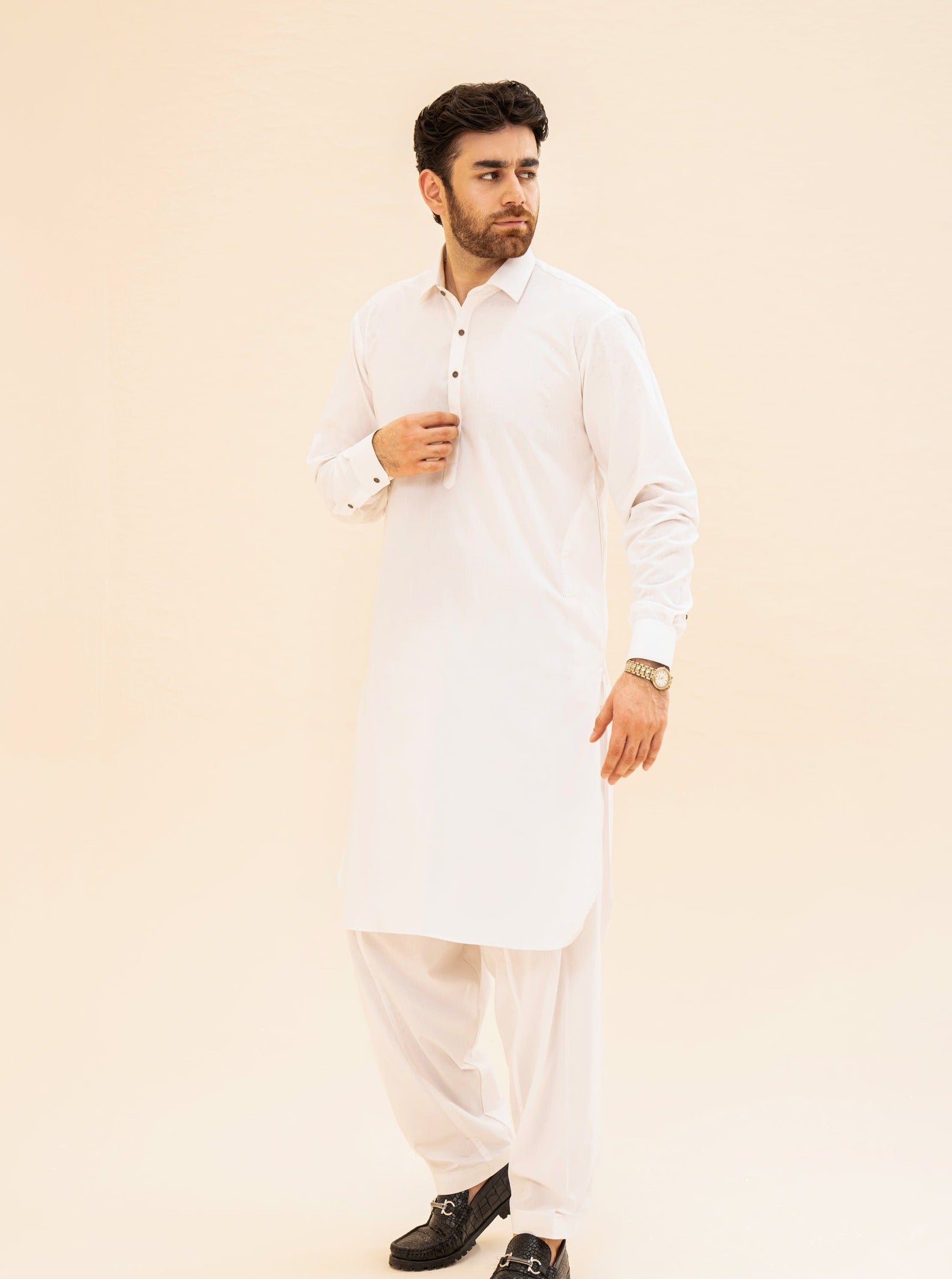 Off White Blended Fabric French Collar Kameez Shalwar (2-Piece) - Image 6