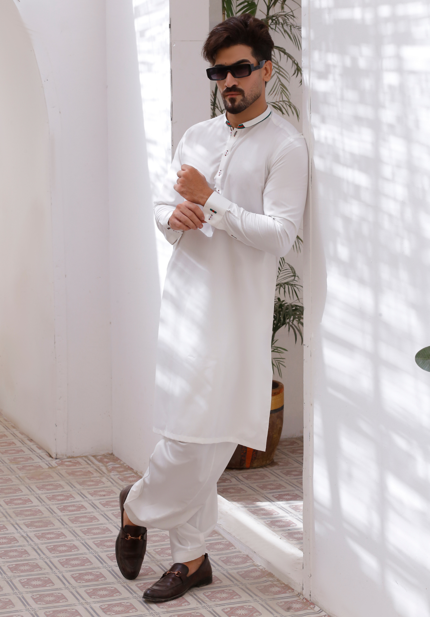 White Contrast Trim Cotton Blend Shalwar Kameez (2-Piece) - Image 1