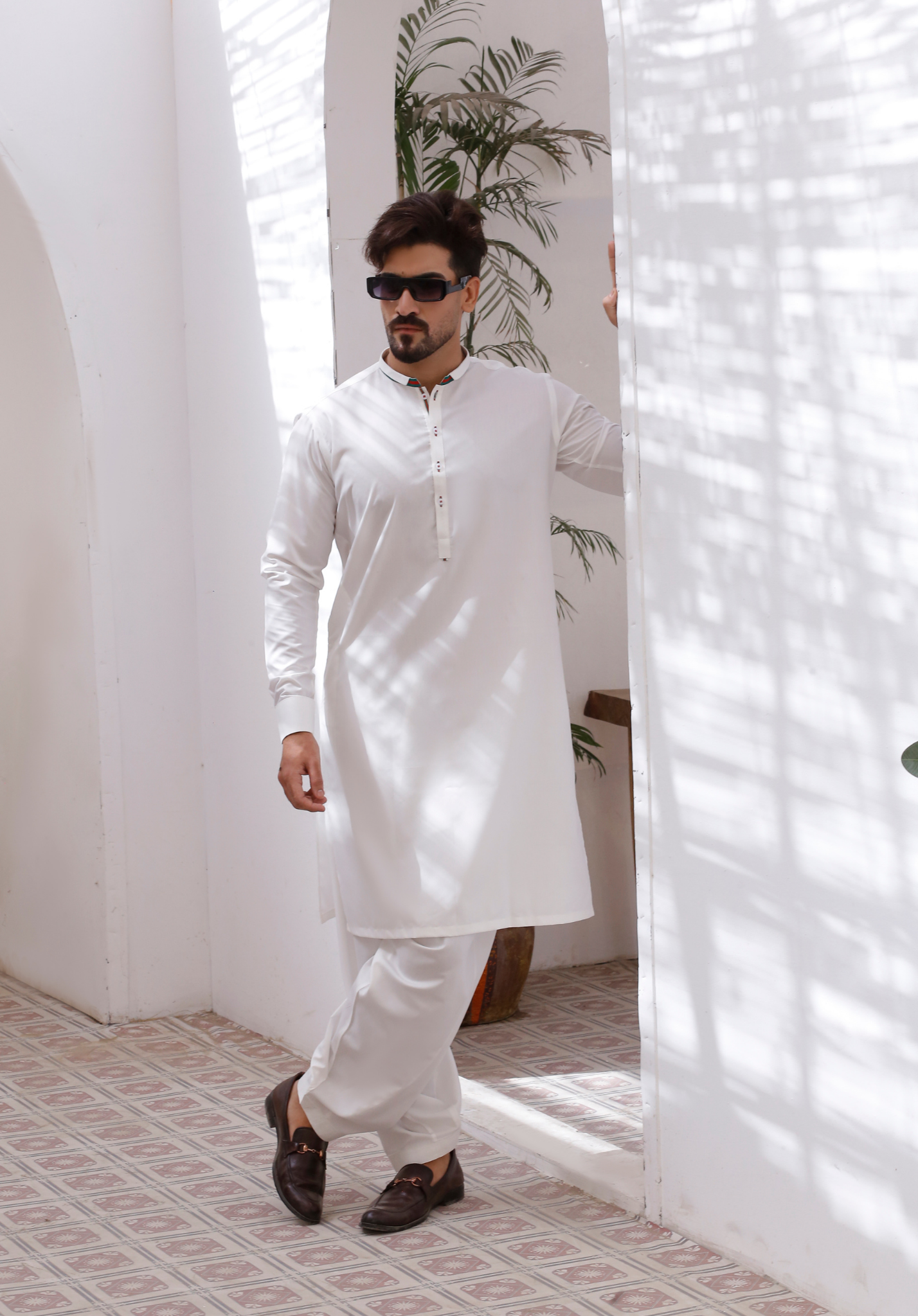 White Contrast Trim Cotton Blend Shalwar Kameez (2-Piece) - Image 2