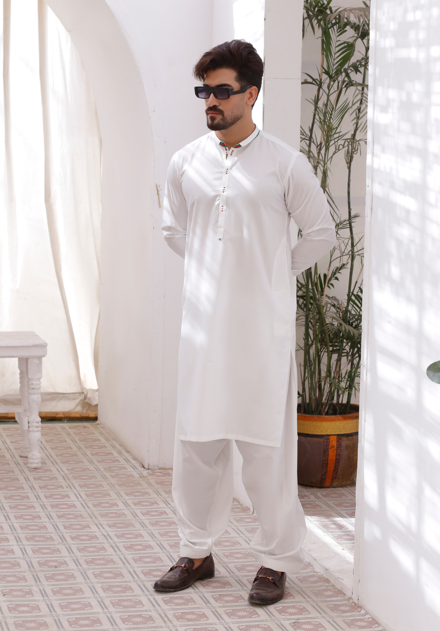 White Contrast Trim Cotton Blend Shalwar Kameez (2-Piece) - Image 3
