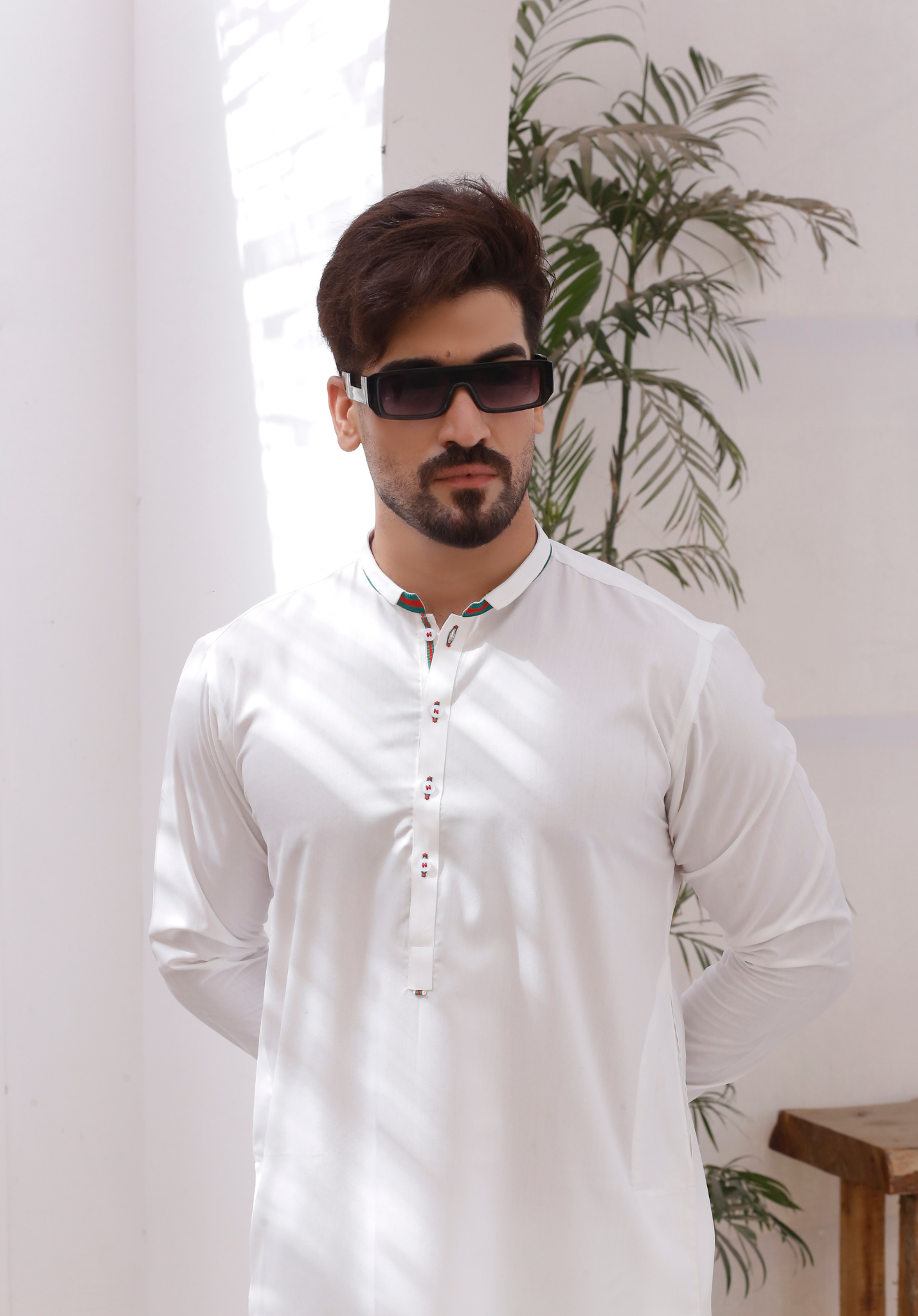 White Contrast Trim Cotton Blend Shalwar Kameez (2-Piece) - Image 4
