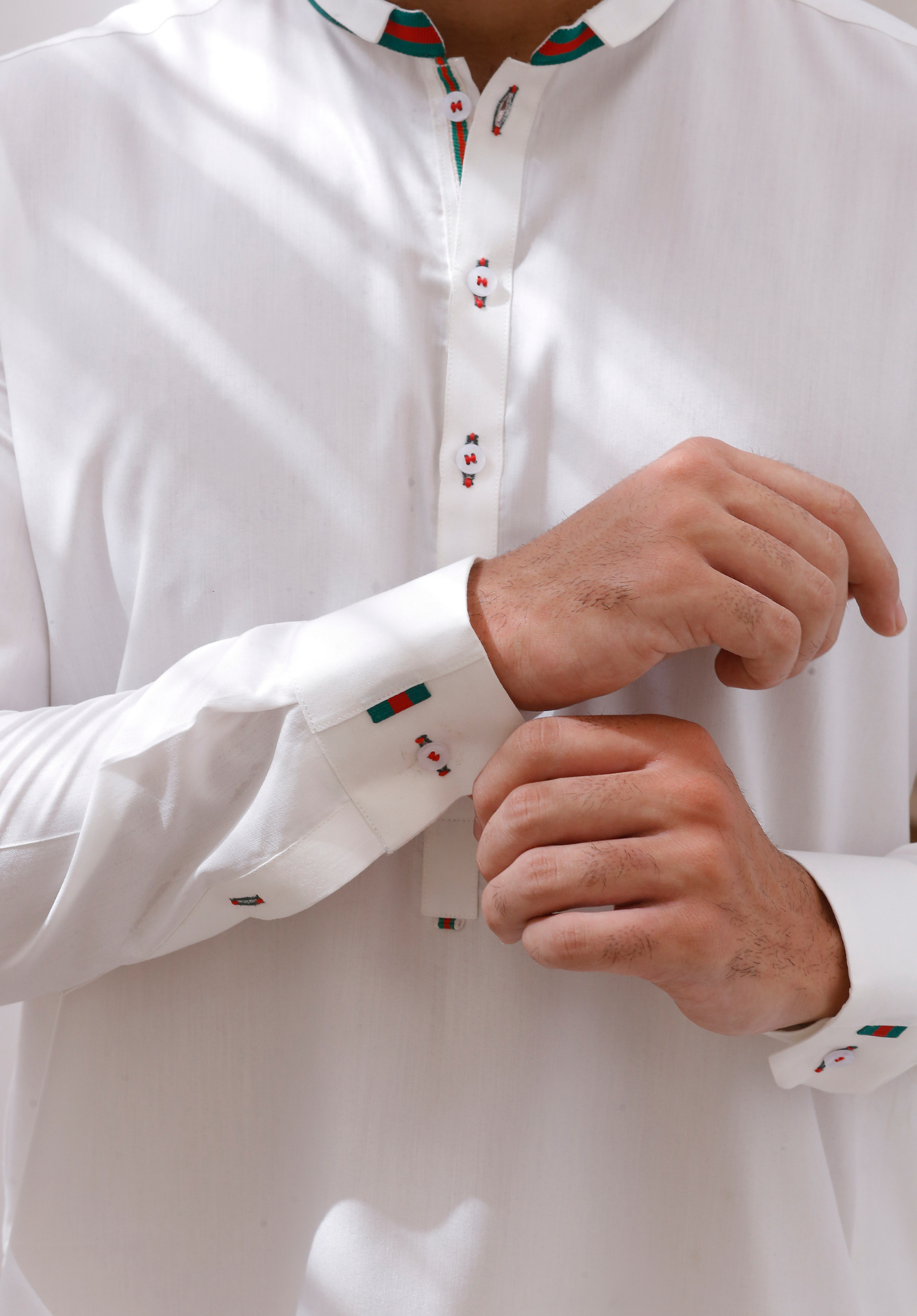 White Contrast Trim Cotton Blend Shalwar Kameez (2-Piece) - Image 5