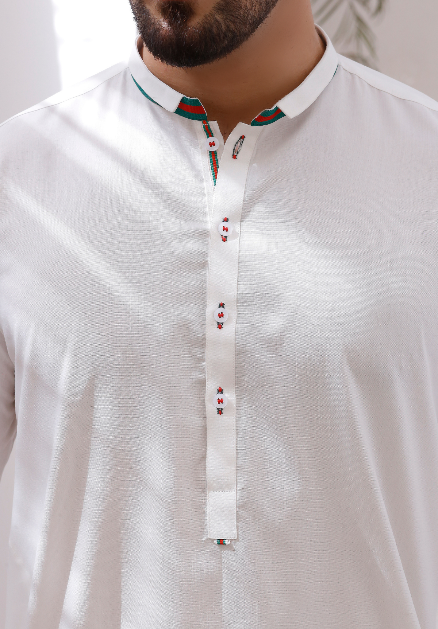 White Contrast Trim Cotton Blend Shalwar Kameez (2-Piece) - Image 7