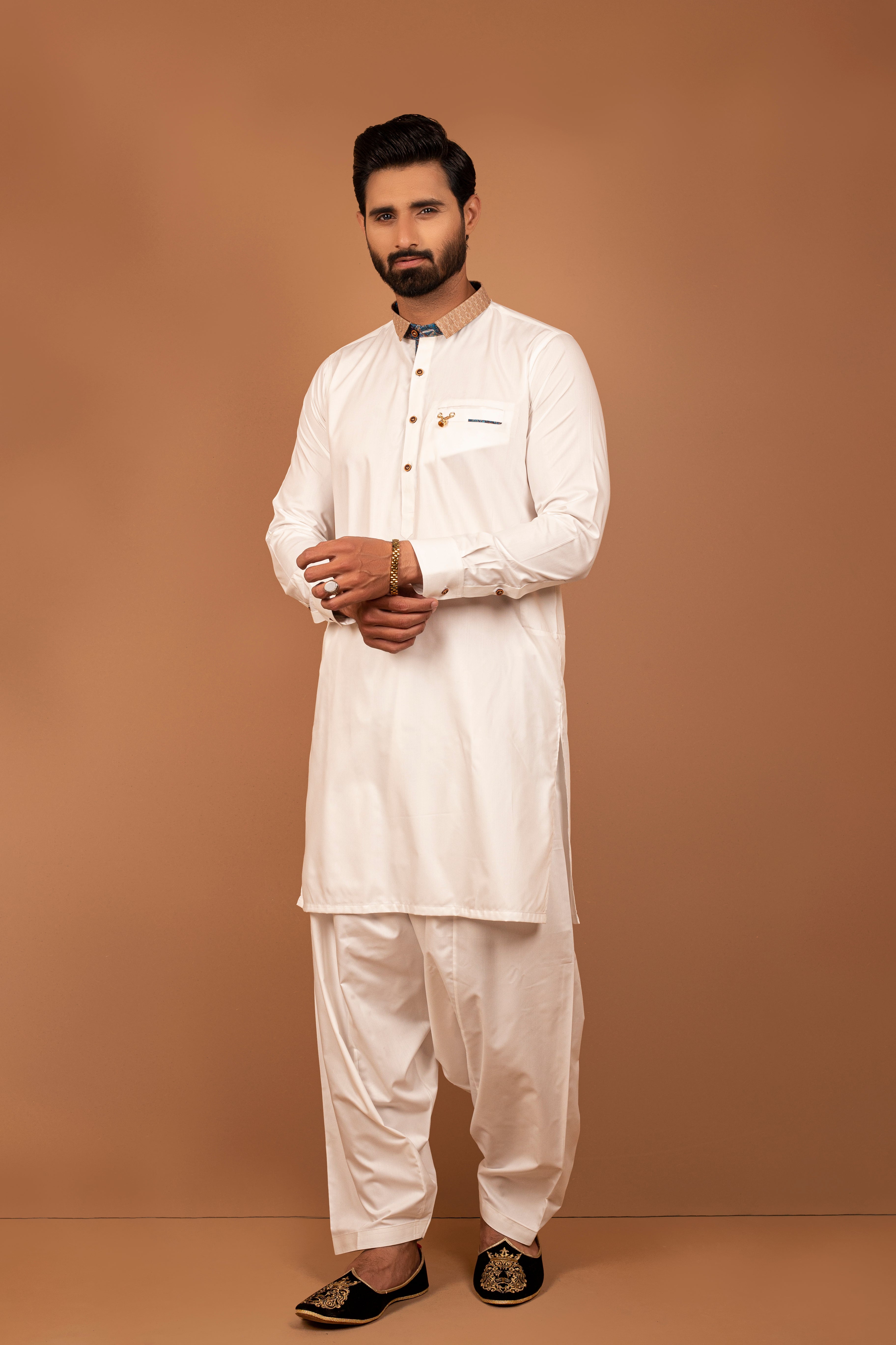 White Contrast Collar Cotton Blend Shalwar Kameez (2-Piece) - Image 1