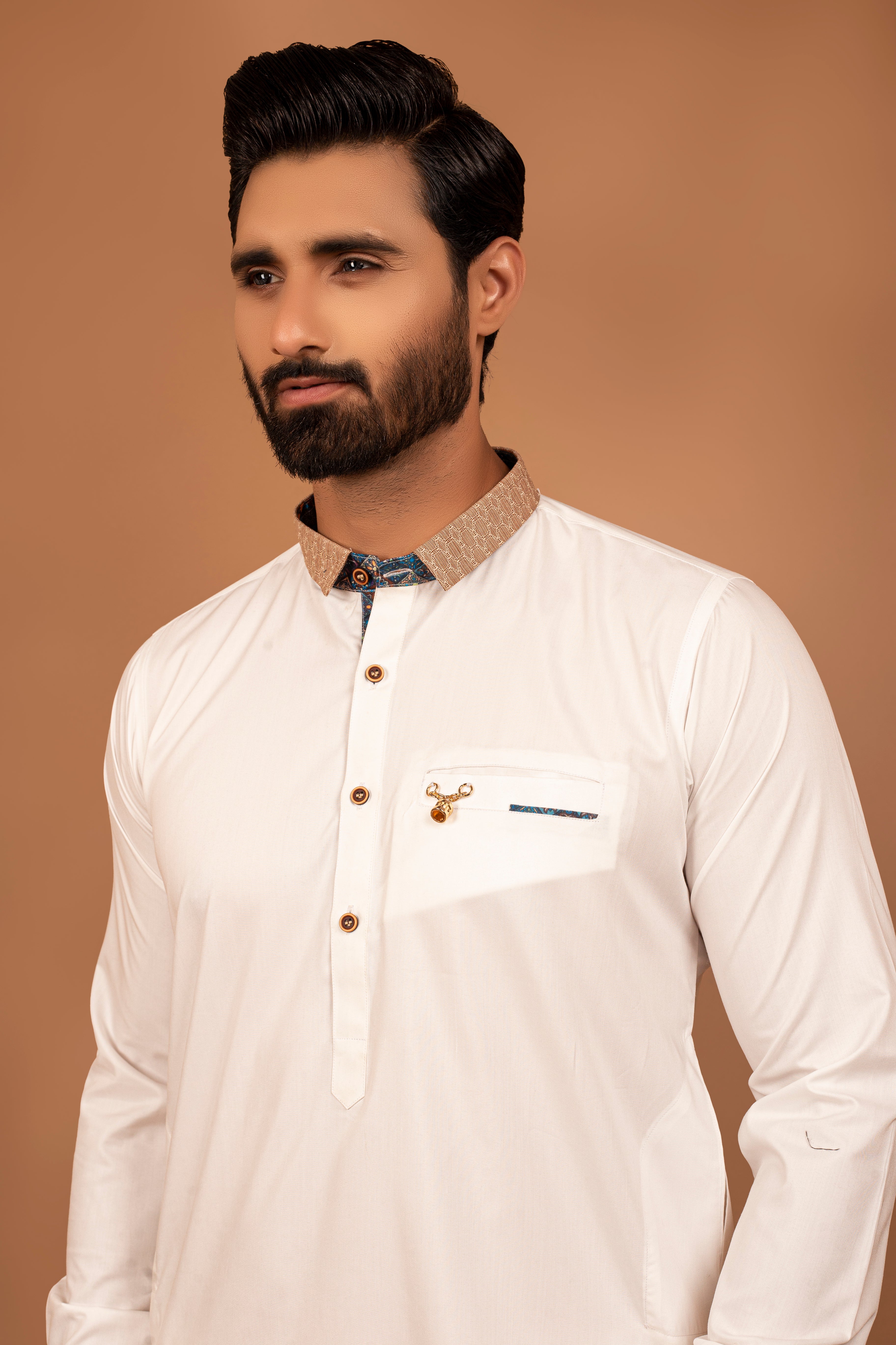 White Contrast Collar Cotton Blend Shalwar Kameez (2-Piece) - Image 2