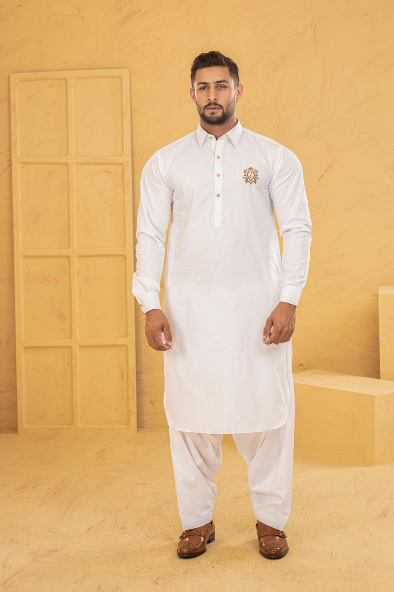 White Embroidered Cotton Shalwar Kameez (2-Piece) - Image 1