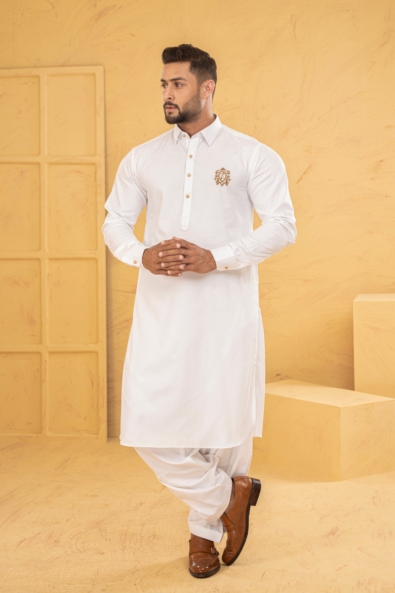 White Embroidered Cotton Shalwar Kameez (2-Piece) - Image 3