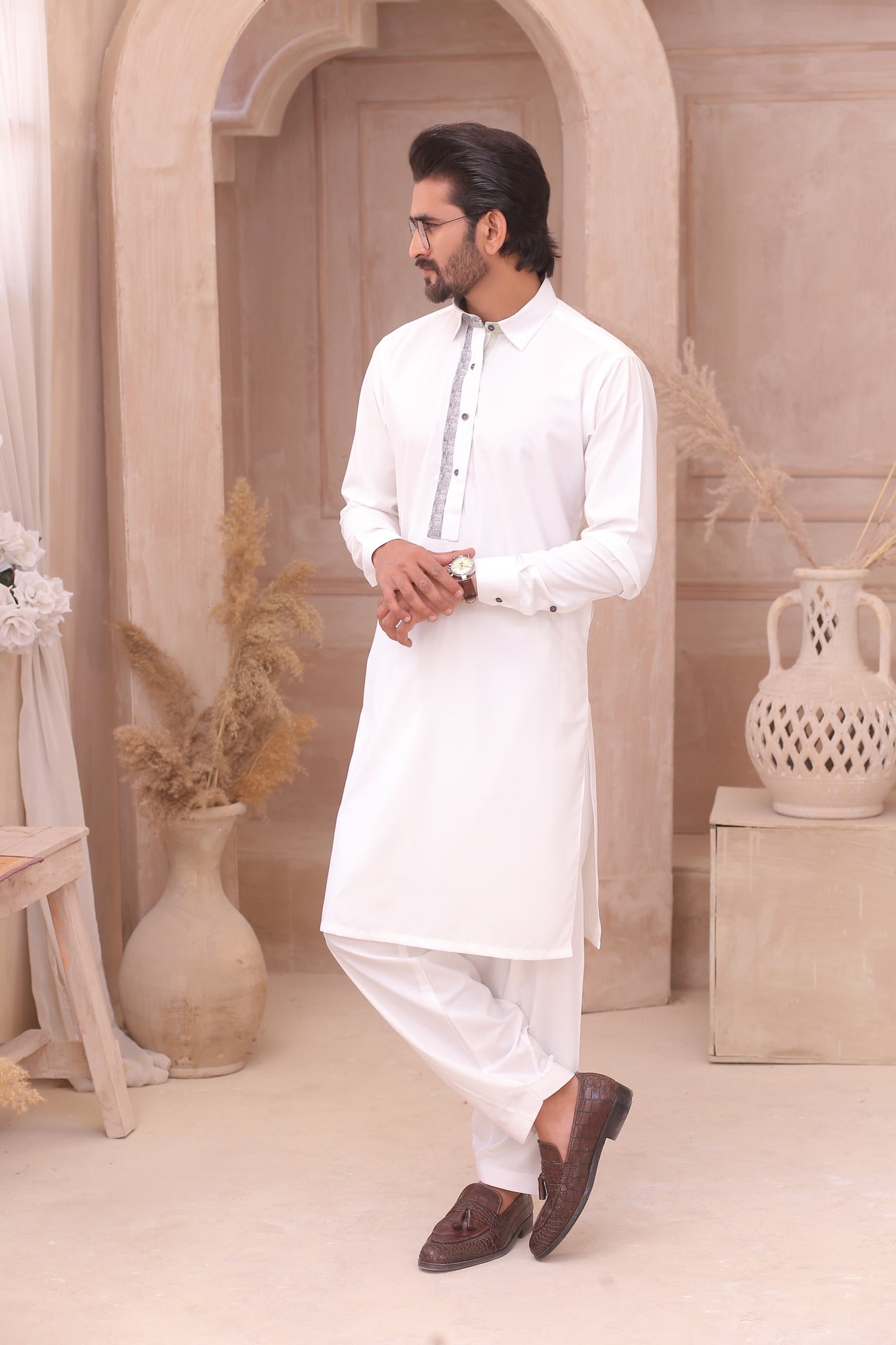 White Embroidered Cotton Shalwar Kameez (2-Piece) - Image 3