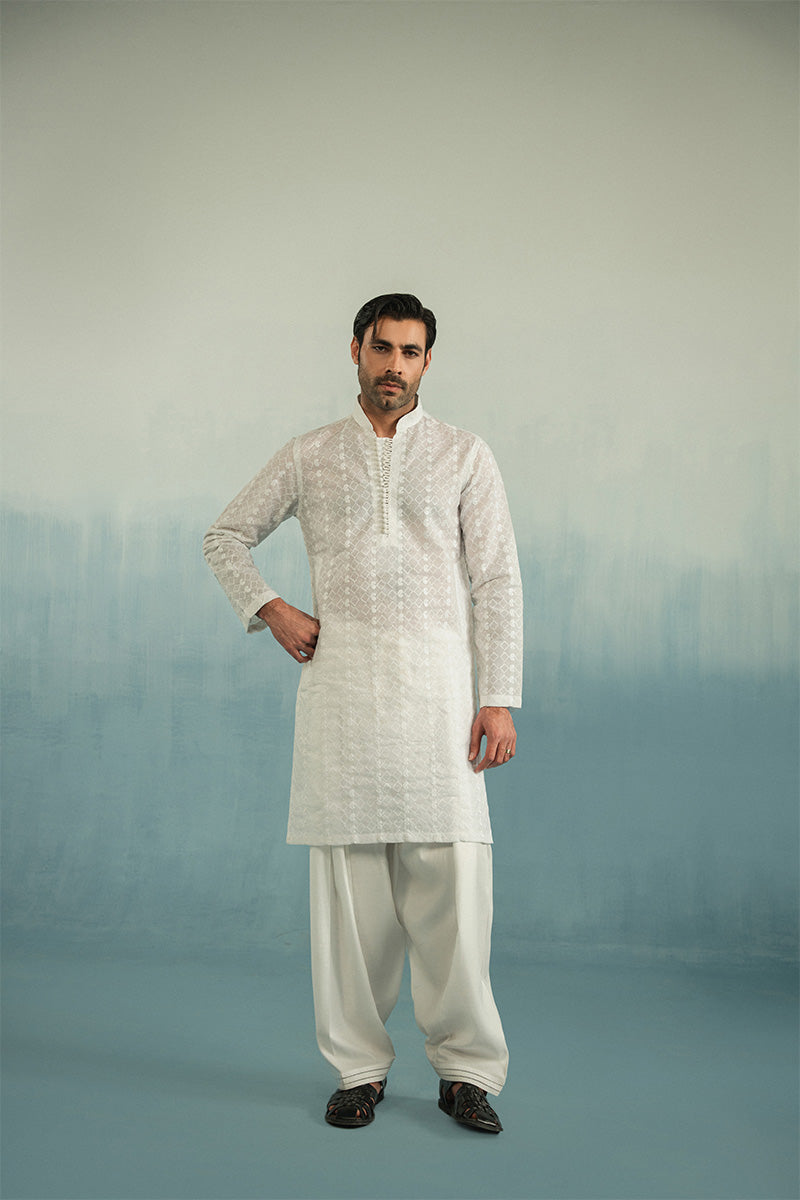 Pearl White Embroidered Cotton Shalwar Kameez (2-Piece) - Image 1