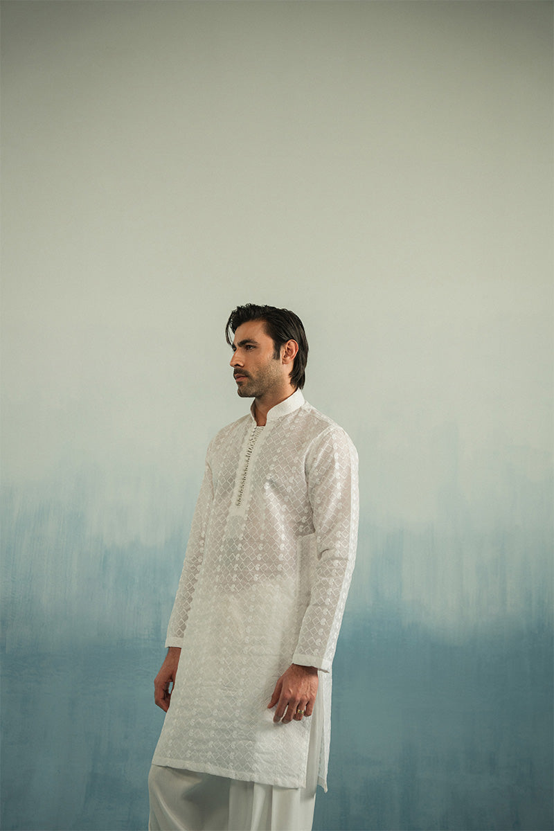 Pearl White Embroidered Cotton Shalwar Kameez (2-Piece) - Image 2