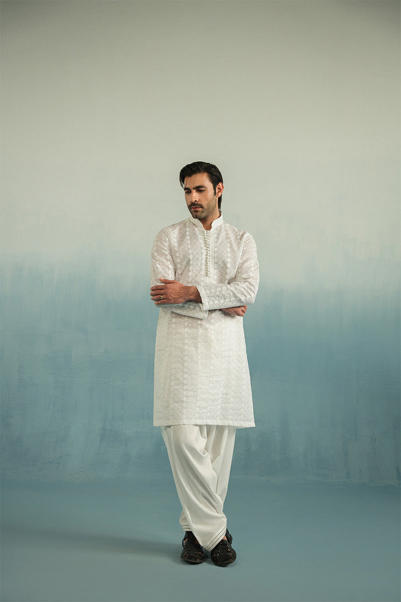 Pearl White Embroidered Cotton Shalwar Kameez (2-Piece) - Image 4