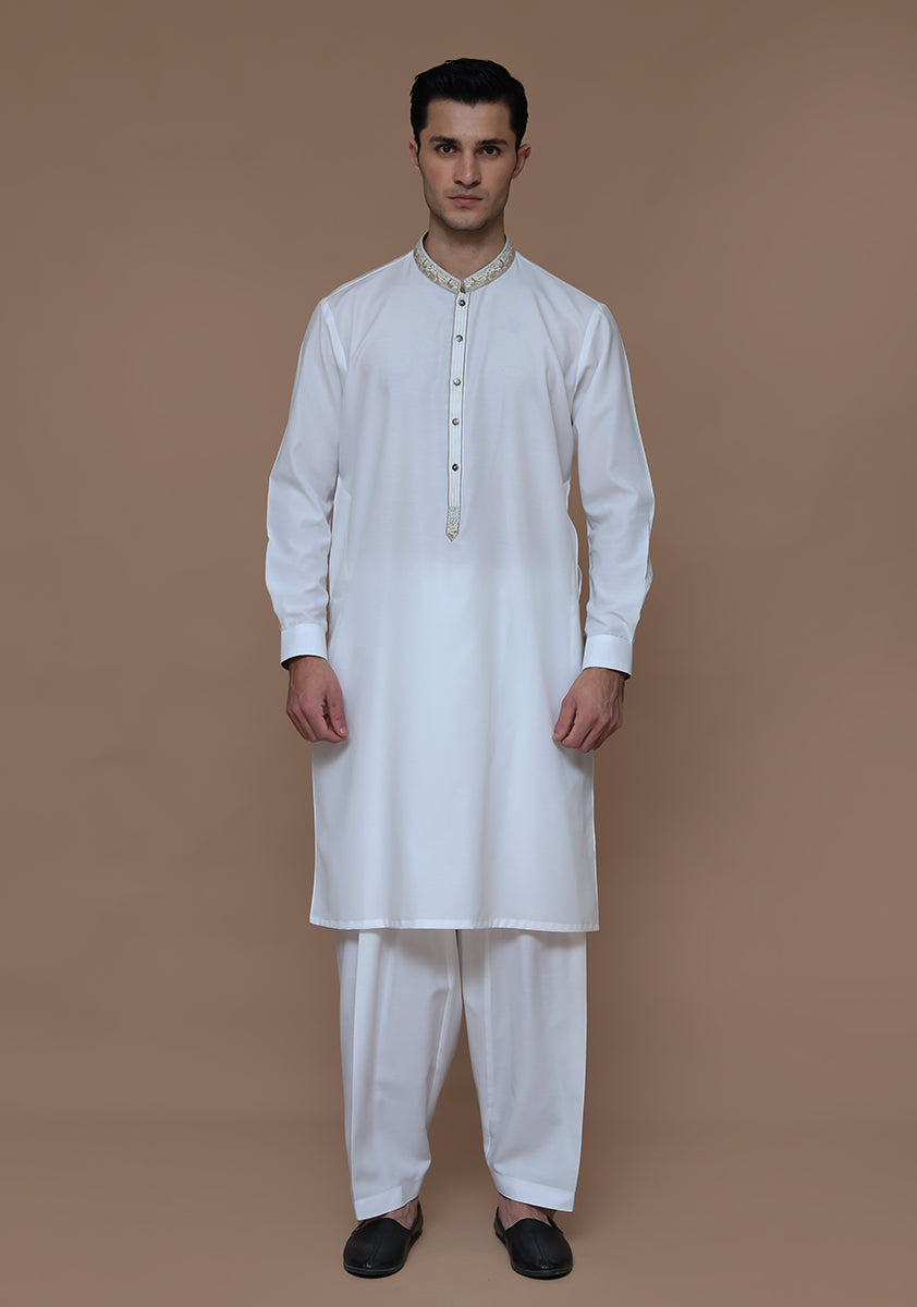 White Embroidered Cotton Silk Kurta Shalwar (2-Piece) - Image 1