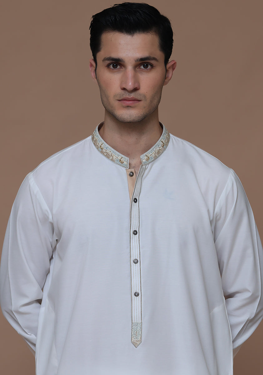 White Embroidered Cotton Silk Kurta Shalwar (2-Piece) - Image 2