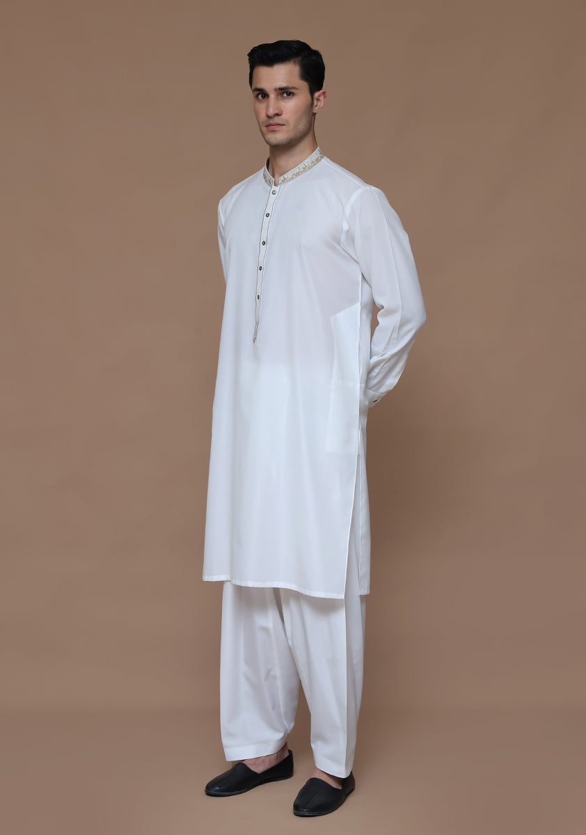 White Embroidered Cotton Silk Kurta Shalwar (2-Piece) - Image 3