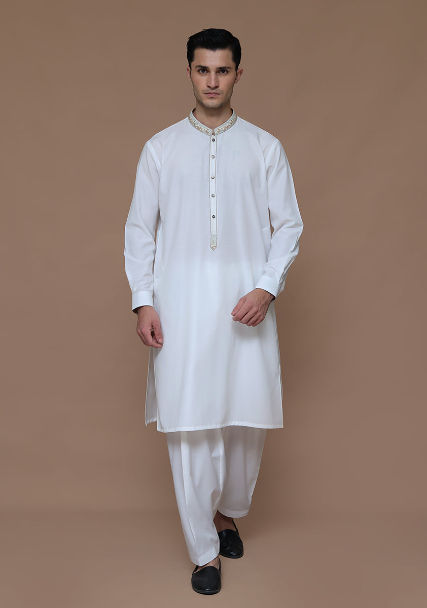 White Embroidered Cotton Silk Kurta Shalwar (2-Piece) - Image 4