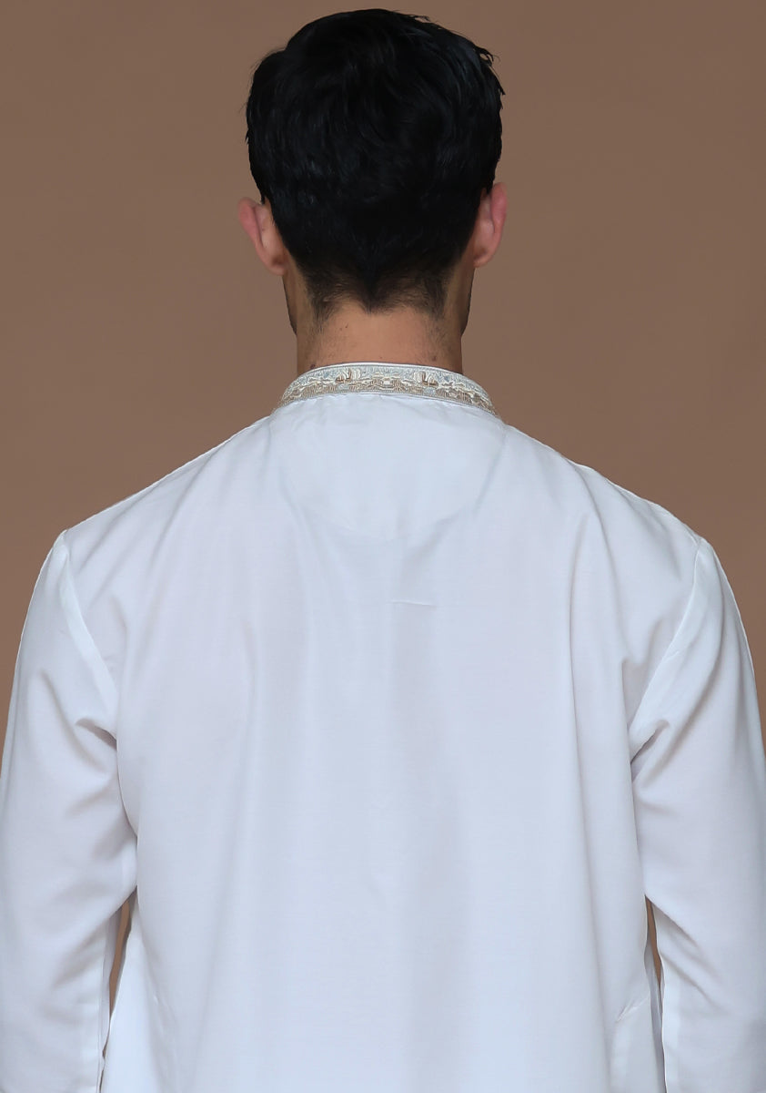 White Embroidered Cotton Silk Kurta Shalwar (2-Piece) - Image 5