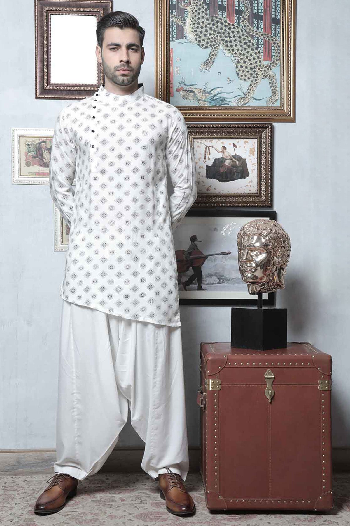 White Printed Cotton Kurta Shalwar (2-Piece) - Image 1