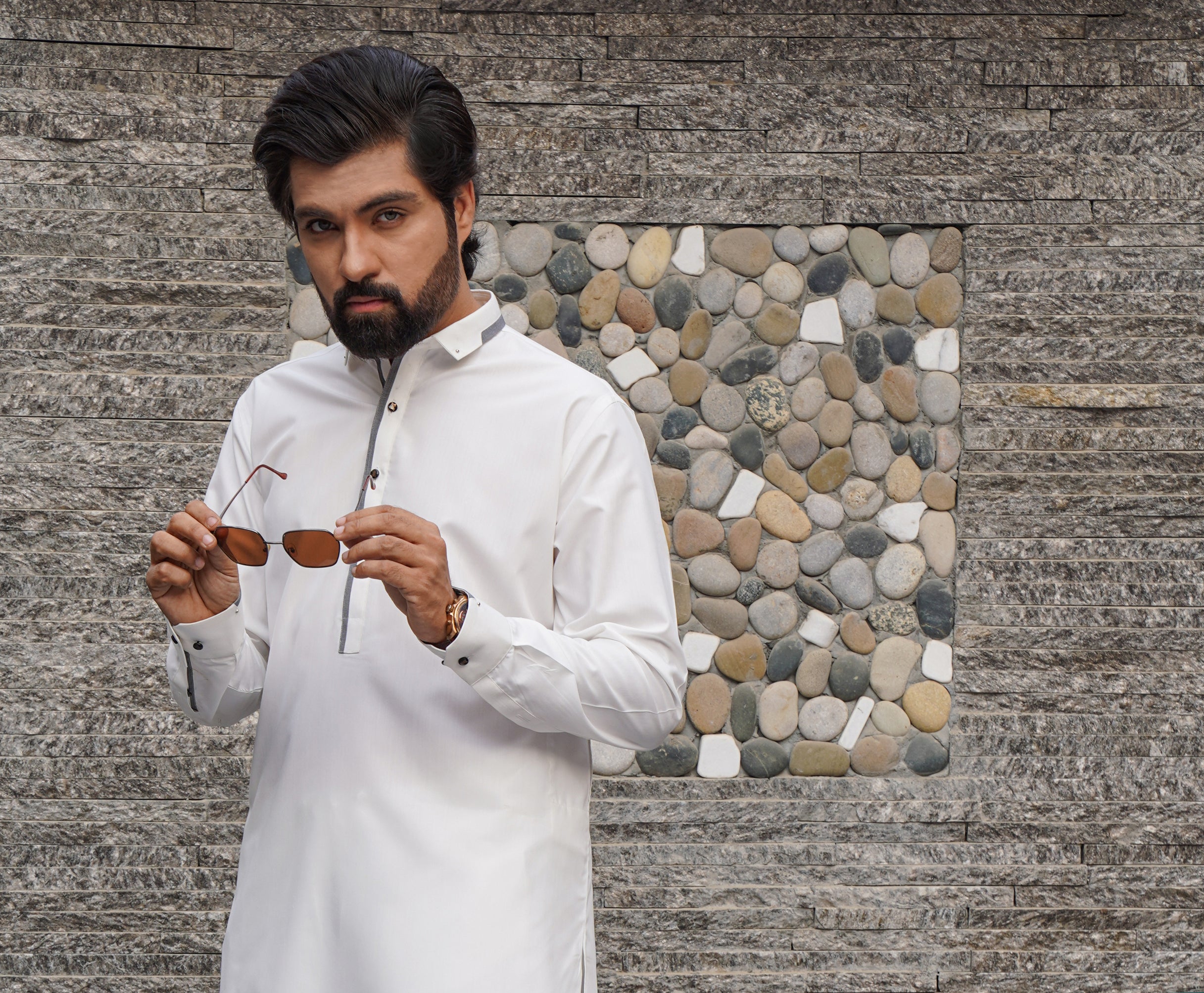 White Grey Contrast Poly-Cotton Shalwar Kameez (2-Piece) - Image 1