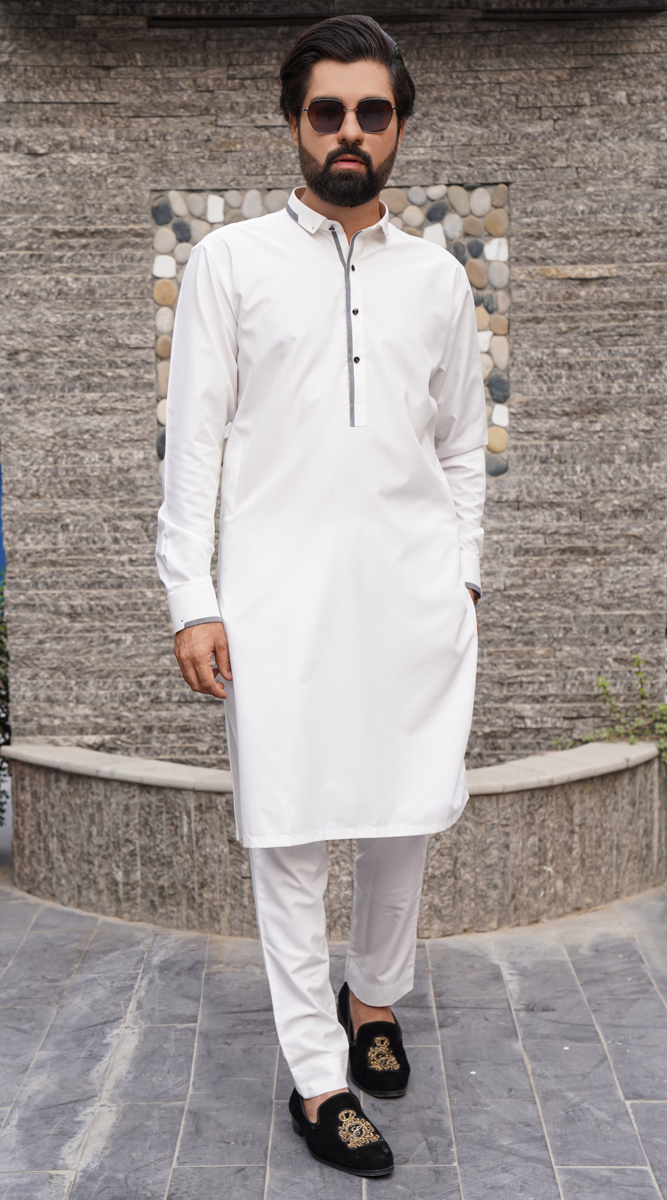 White Grey Contrast Poly-Cotton Shalwar Kameez (2-Piece) - Image 2