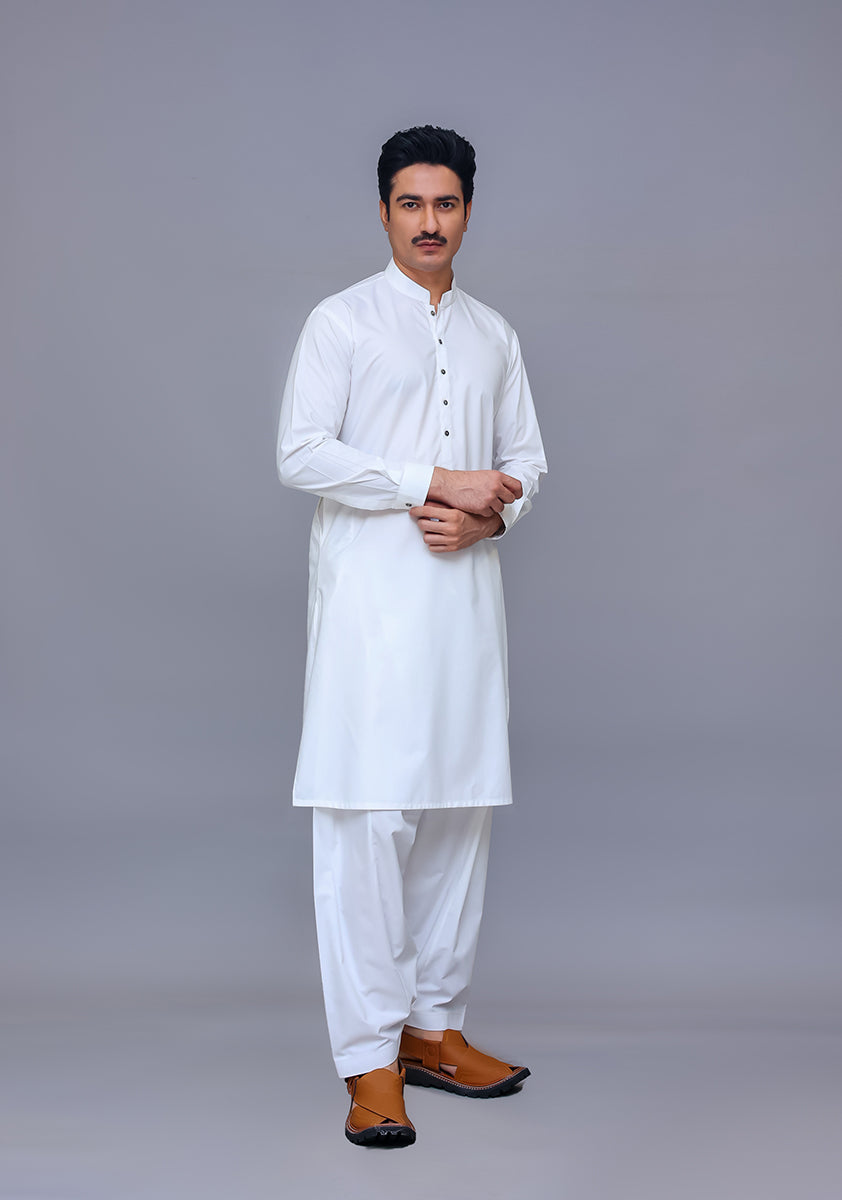 Bright White Poly Viscose Slim Fit Shalwar Kameez (2-Piece) - Image 1