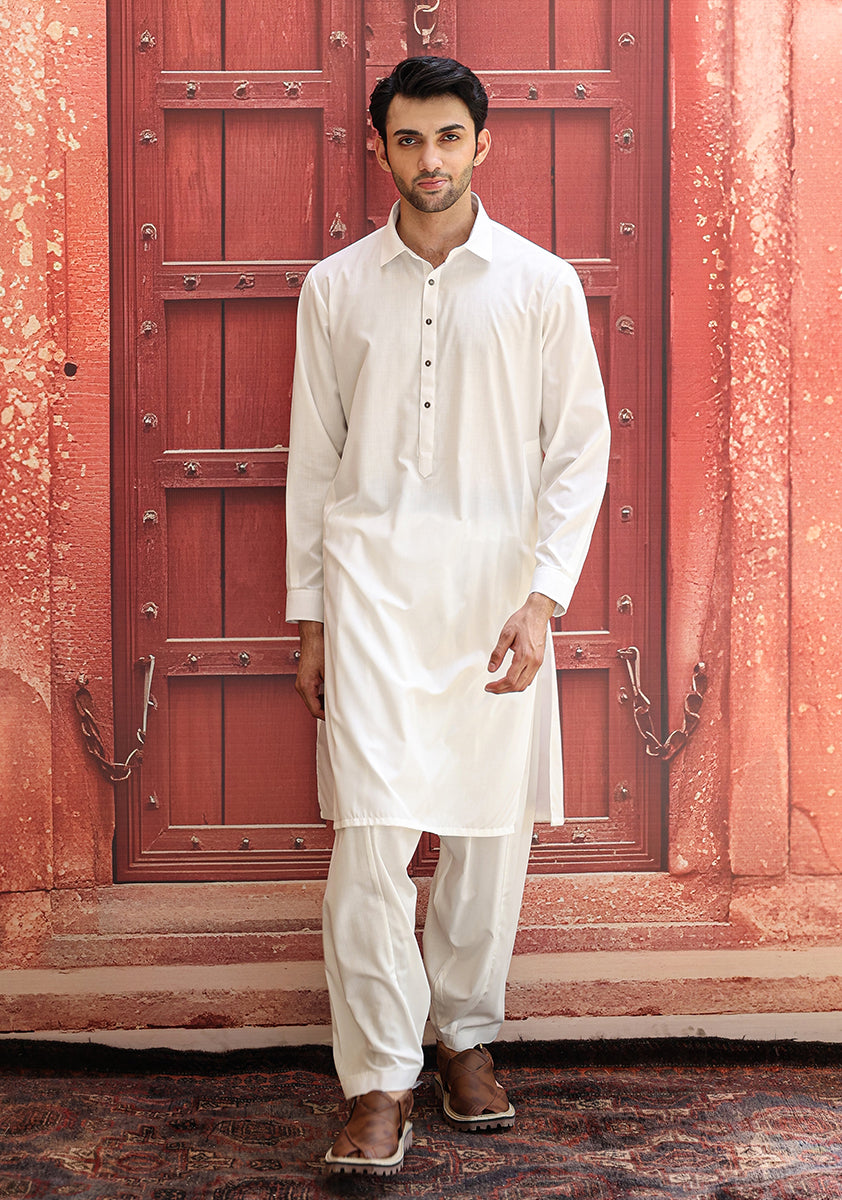 White Poly Viscose Slim Fit Shalwar Kameez (2-Piece) - Image 1