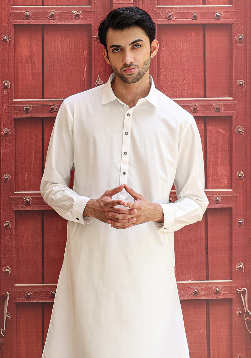 White Poly Viscose Slim Fit Shalwar Kameez (2-Piece) - Image 2