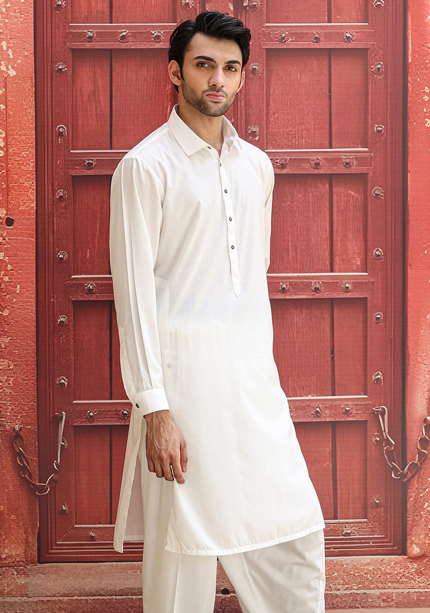 White Poly Viscose Slim Fit Shalwar Kameez (2-Piece) - Image 3