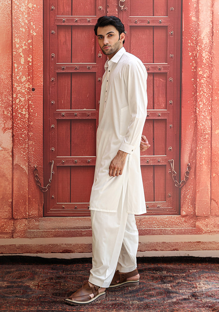 White Poly Viscose Slim Fit Shalwar Kameez (2-Piece) - Image 4