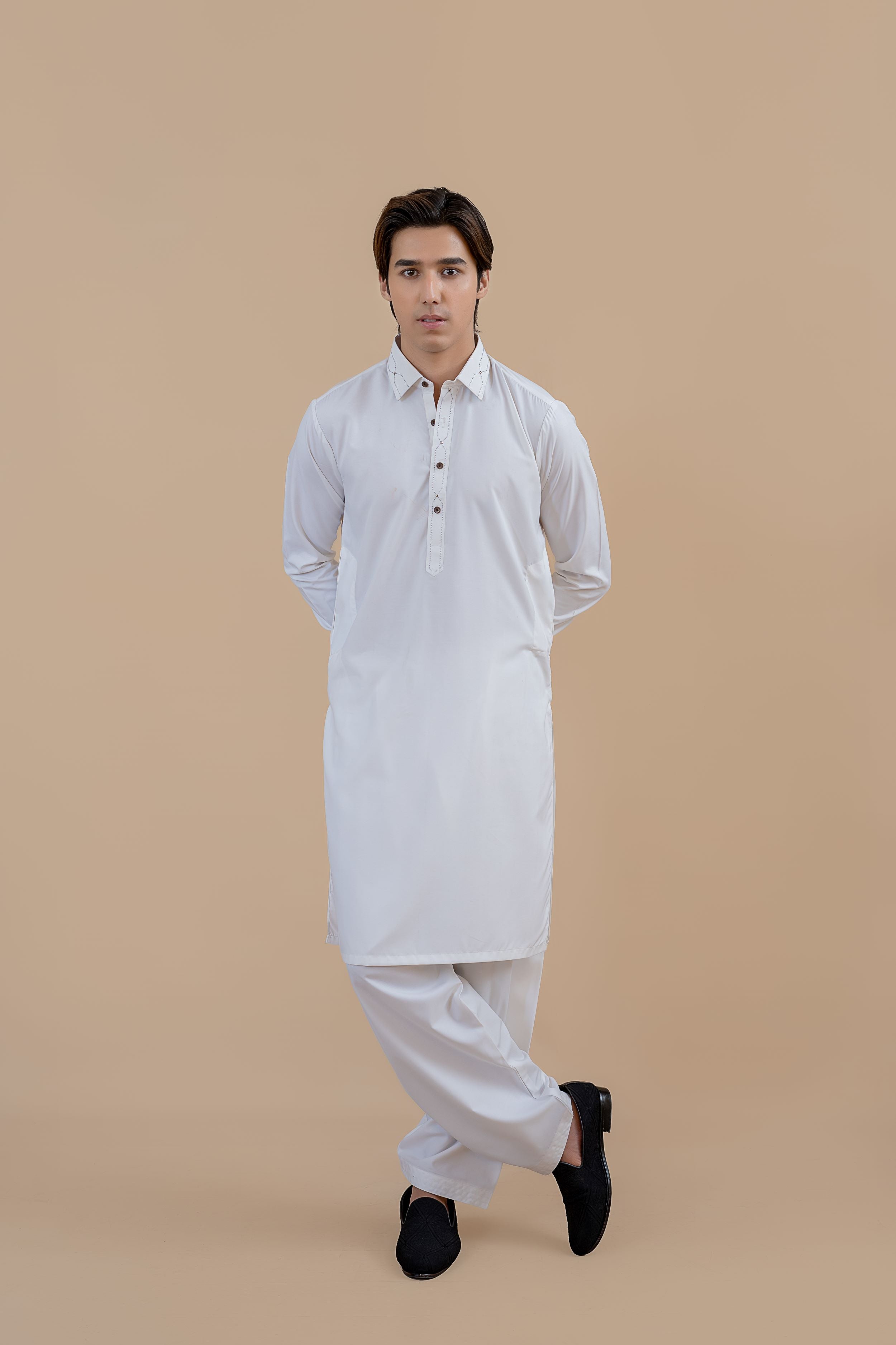 White Contrast Stitch Wash & Wear Shalwar Kameez (2-Piece) - Image 1
