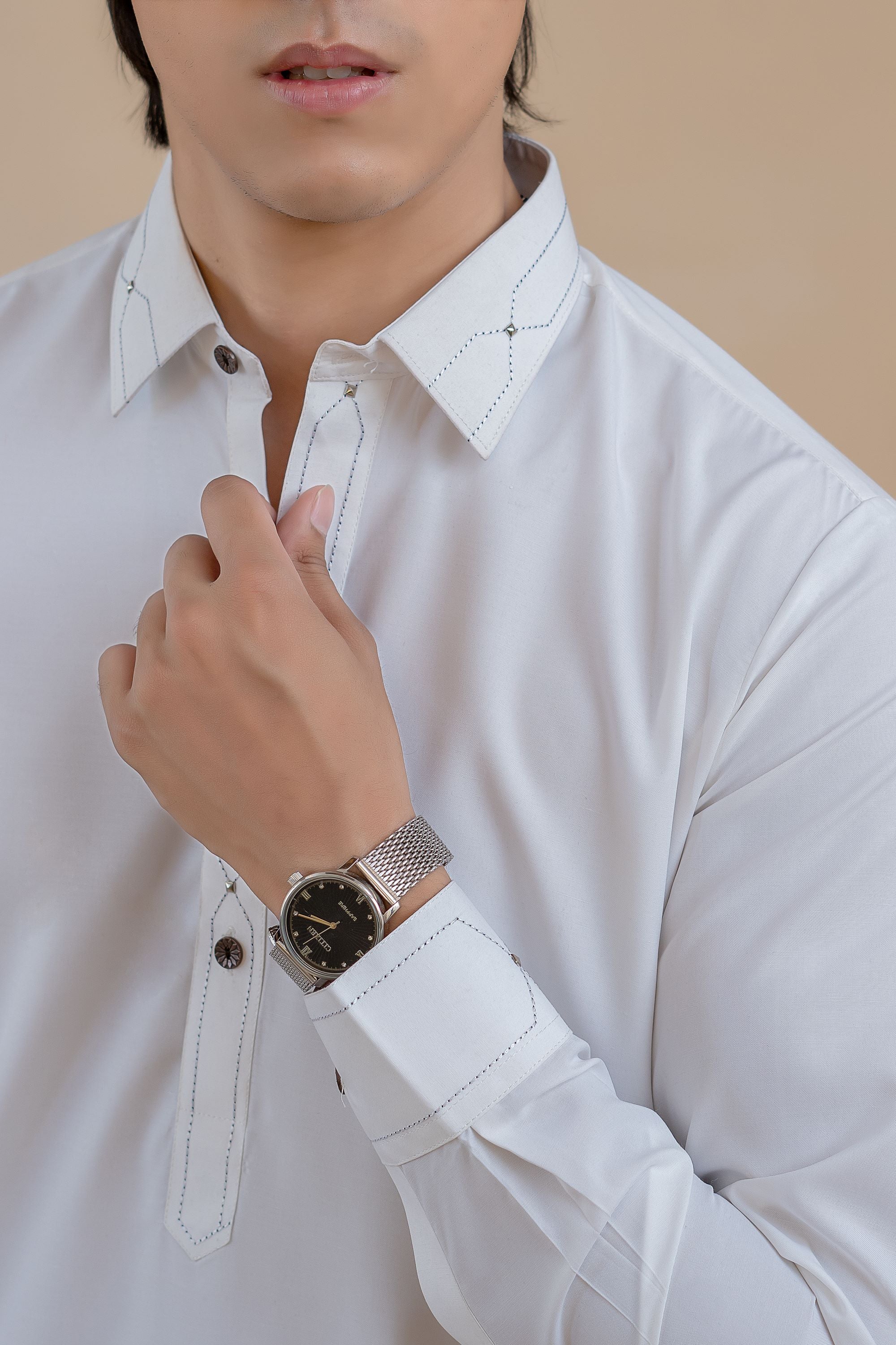 White Contrast Stitch Wash & Wear Shalwar Kameez (2-Piece) - Image 3