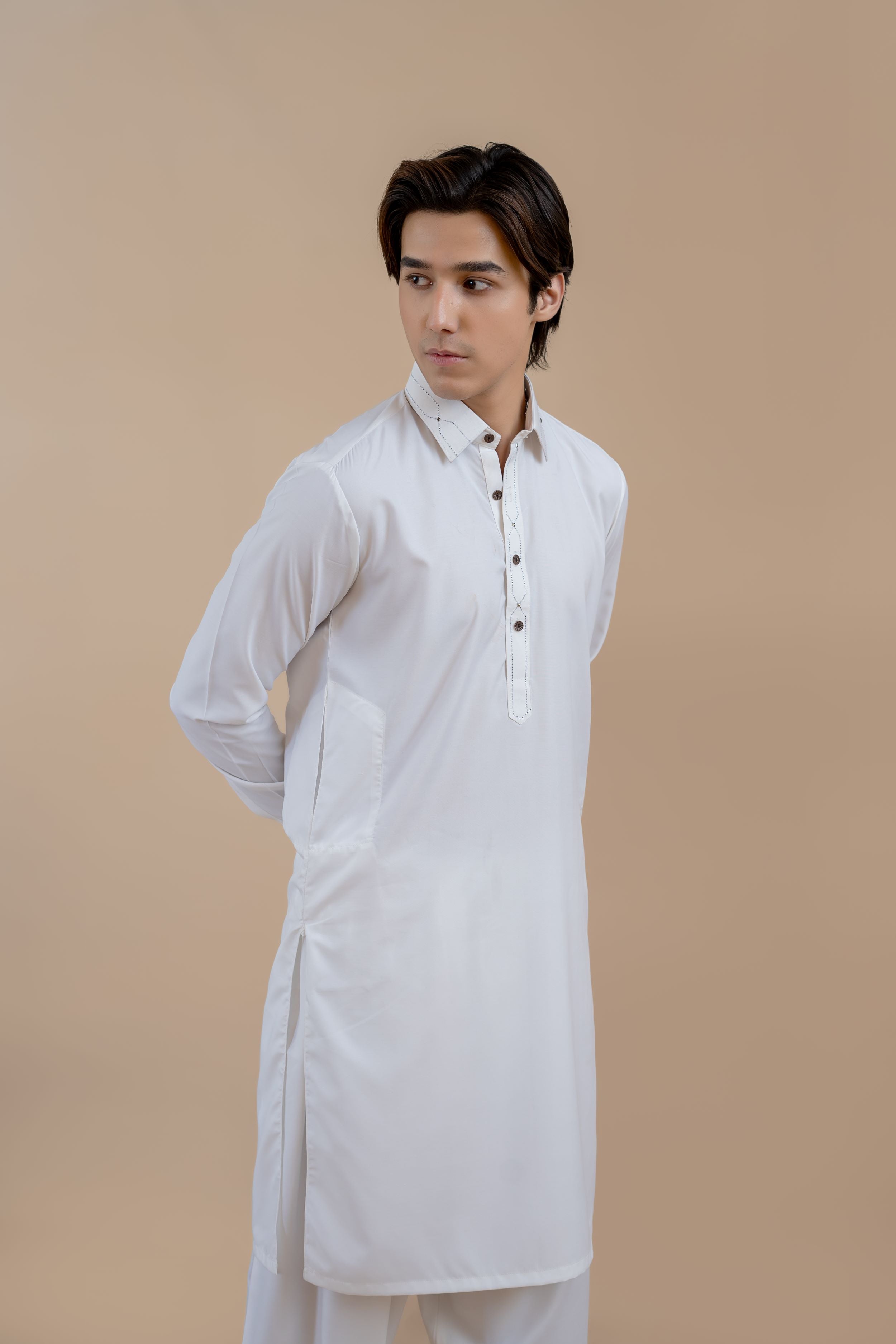 White Contrast Stitch Wash & Wear Shalwar Kameez (2-Piece) - Image 4