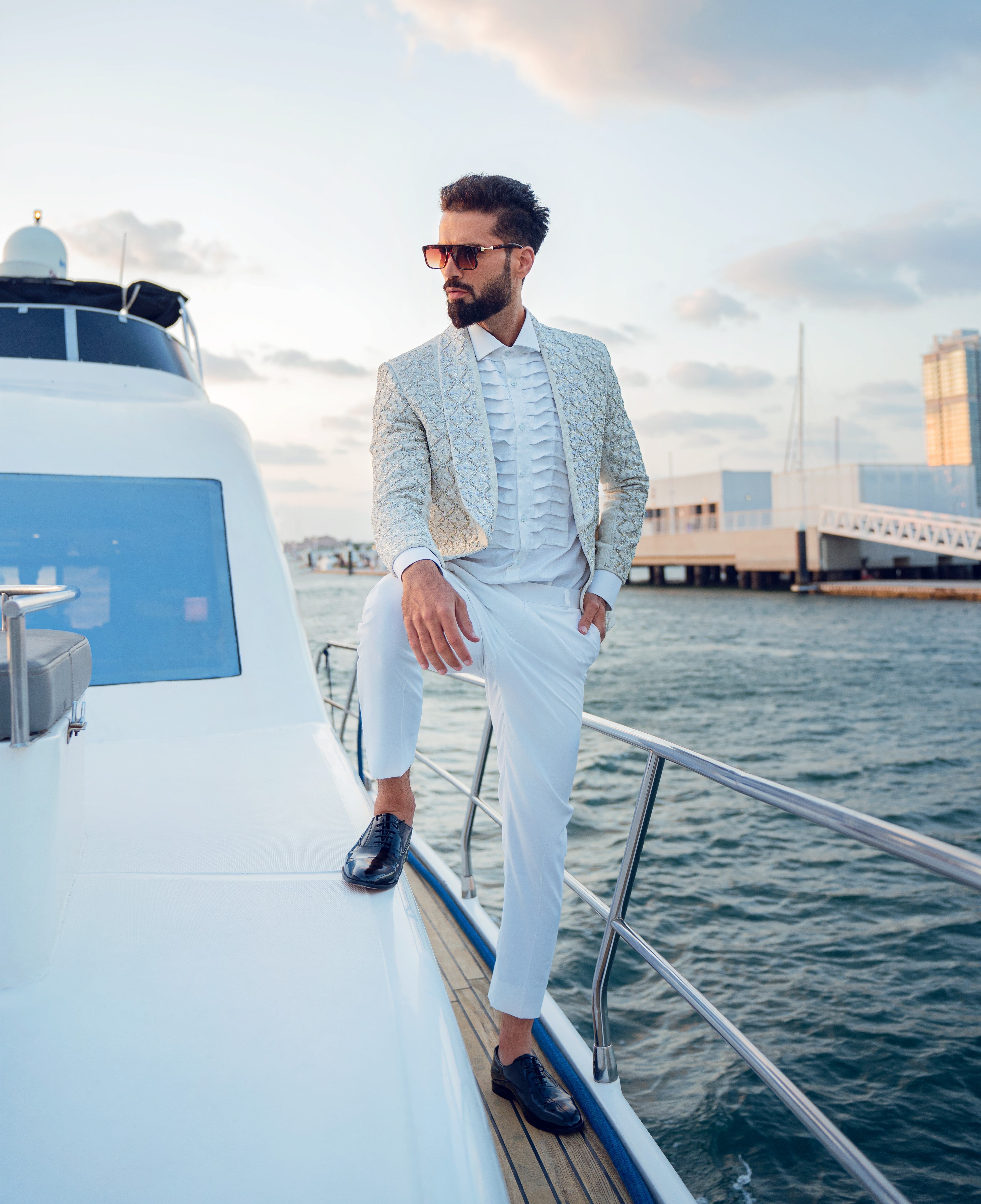 White Thread-Embroidered Suiting Fabric 2-Piece Tuxedo - Image 1