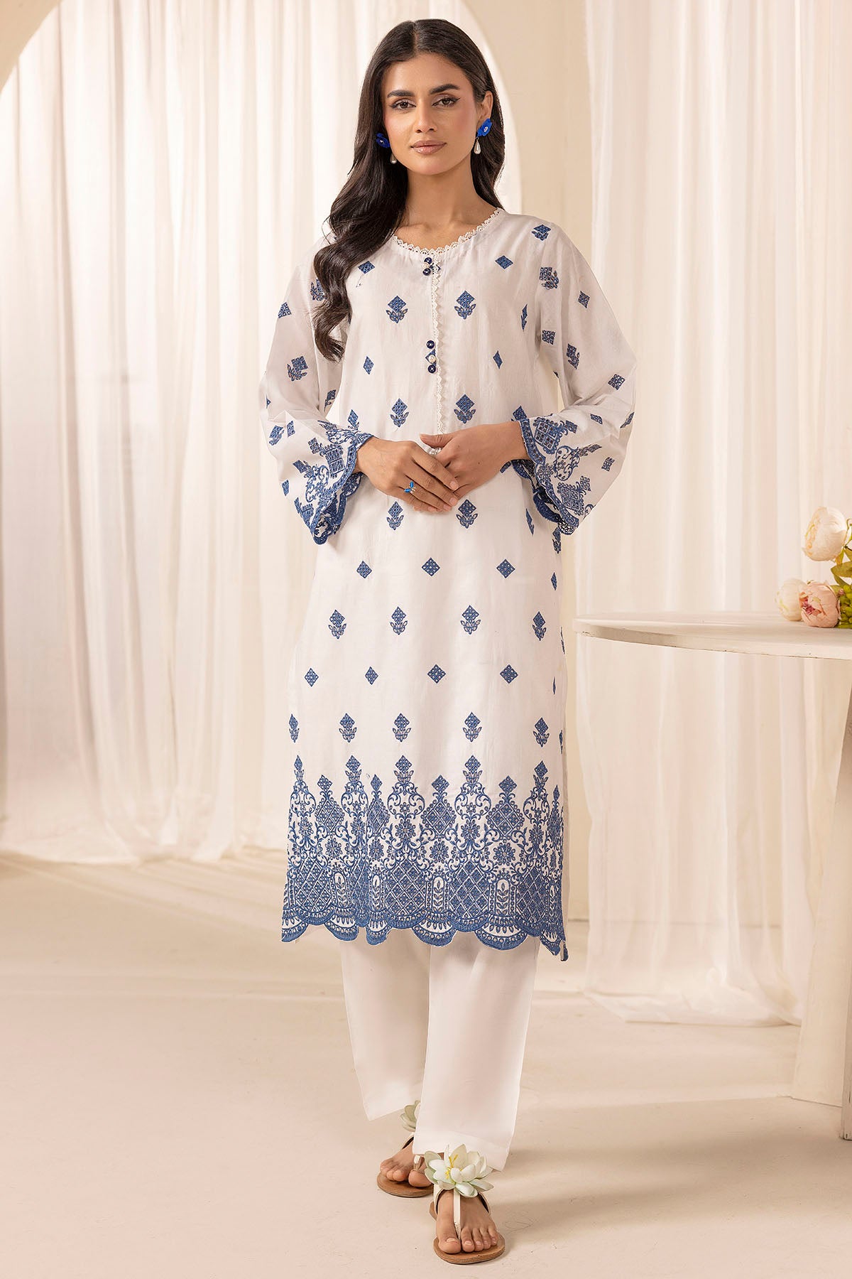 White Blue Schiffli Embroidered Cambric Lawn Shirt (1-Pc) - Image 1