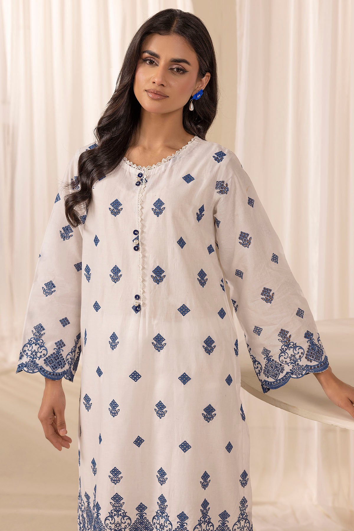 White Blue Schiffli Embroidered Cambric Lawn Shirt (1-Pc) - Image 3