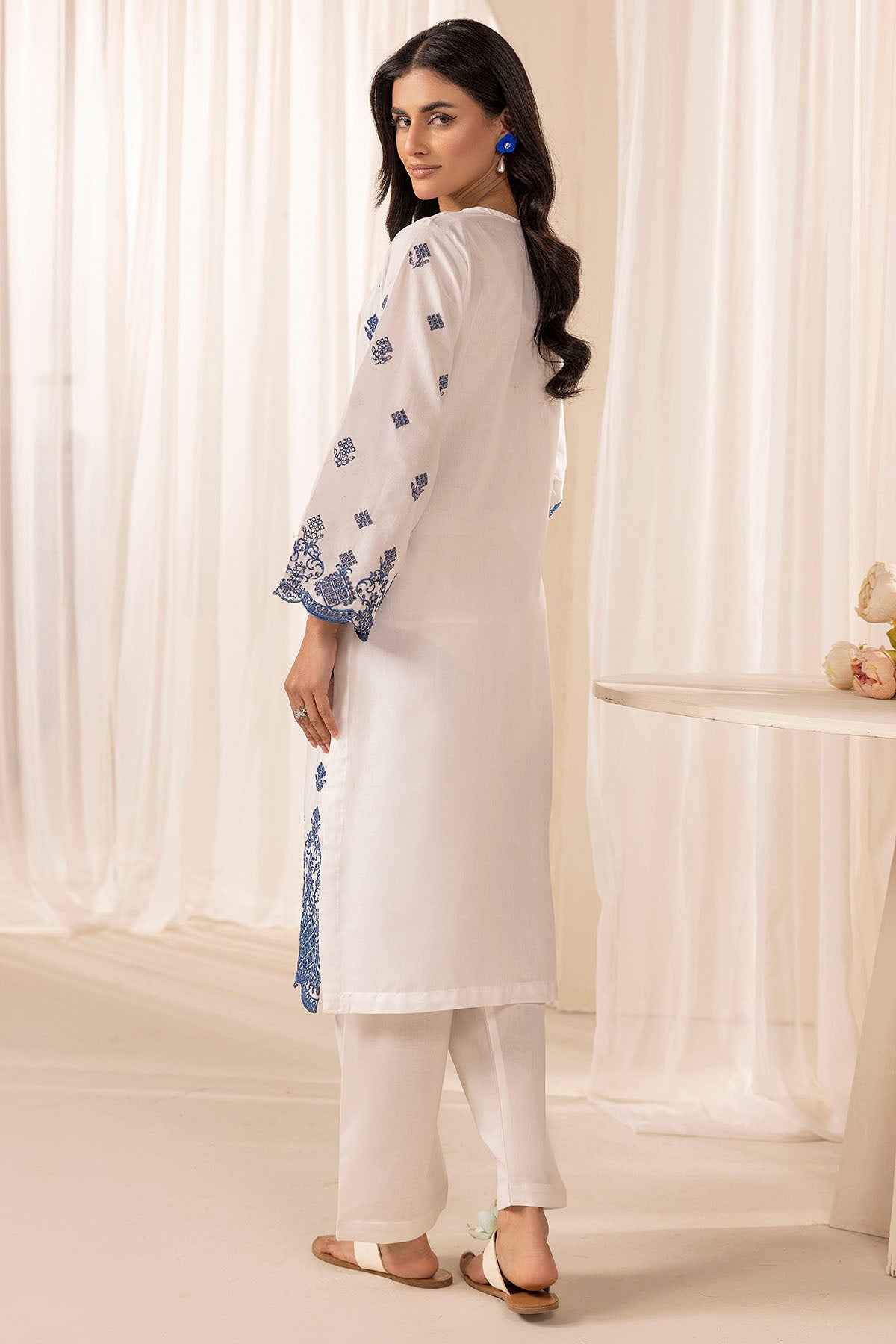 White Blue Schiffli Embroidered Cambric Lawn Shirt (1-Pc) - Image 4