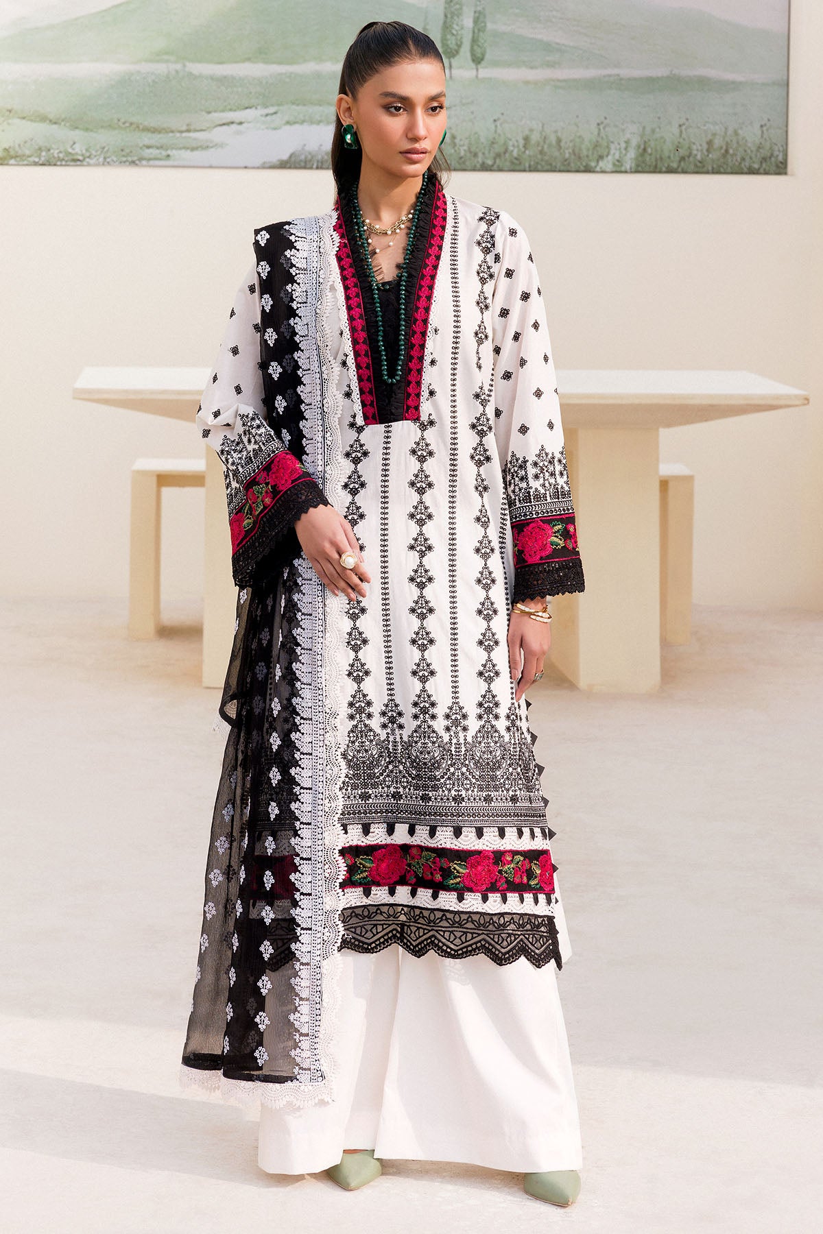 White & Black Schiffli Embroidered Cambric Suit (3-Piece) - Image 1