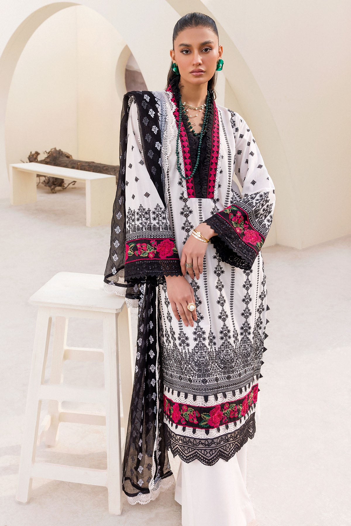 White & Black Schiffli Embroidered Cambric Suit (3-Piece) - Image 3