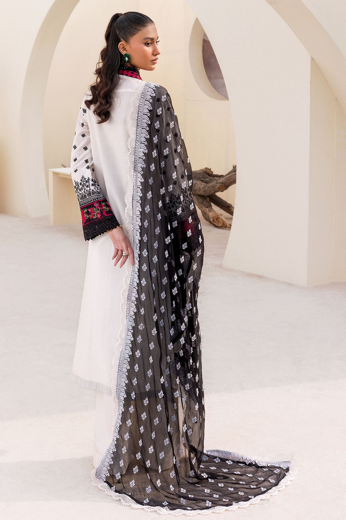 White & Black Schiffli Embroidered Cambric Suit (3-Piece) - Image 4