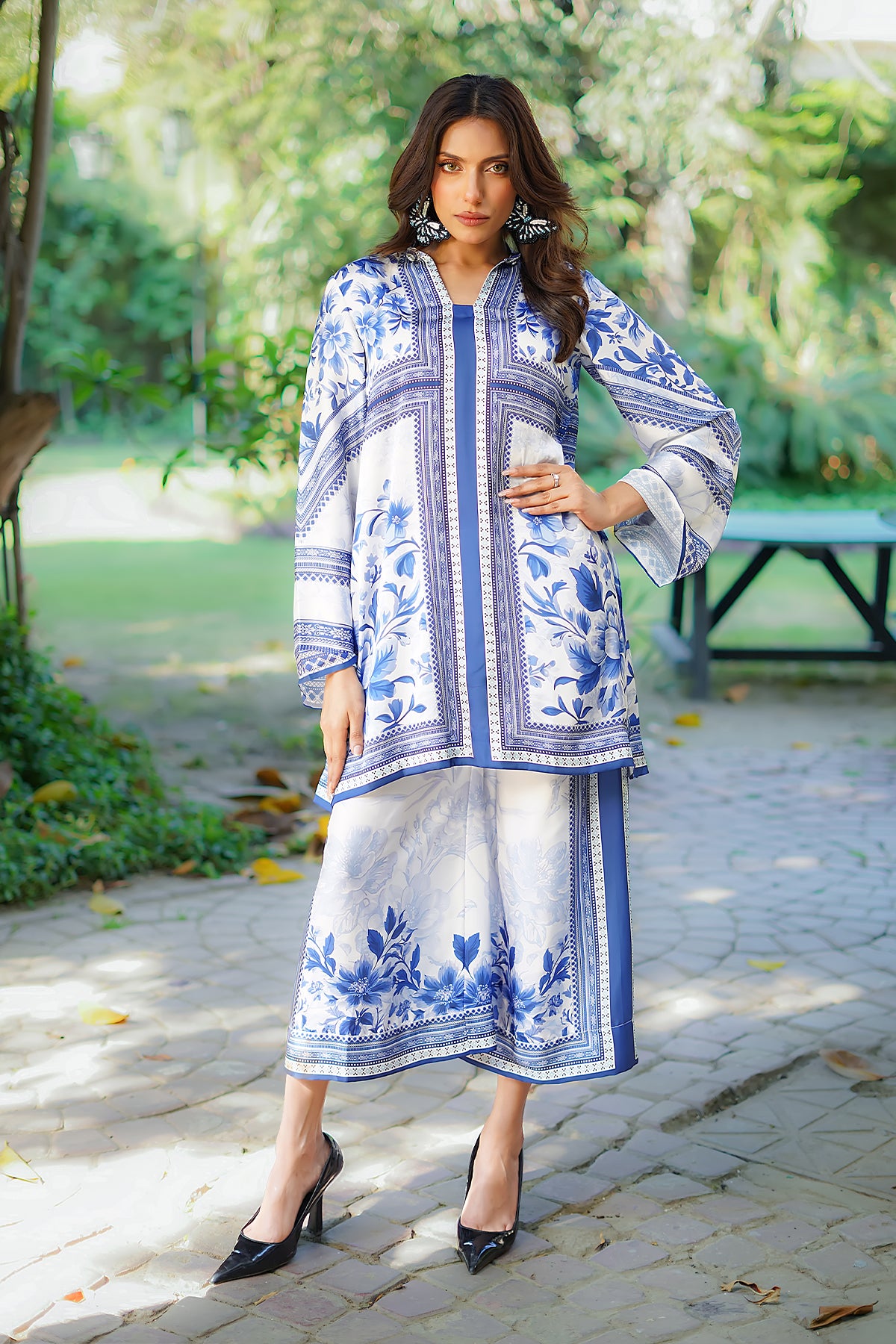 Pakistani Blue and White Printed Charmeuse Silk Co-ord Set (2-Piece) - Image 1