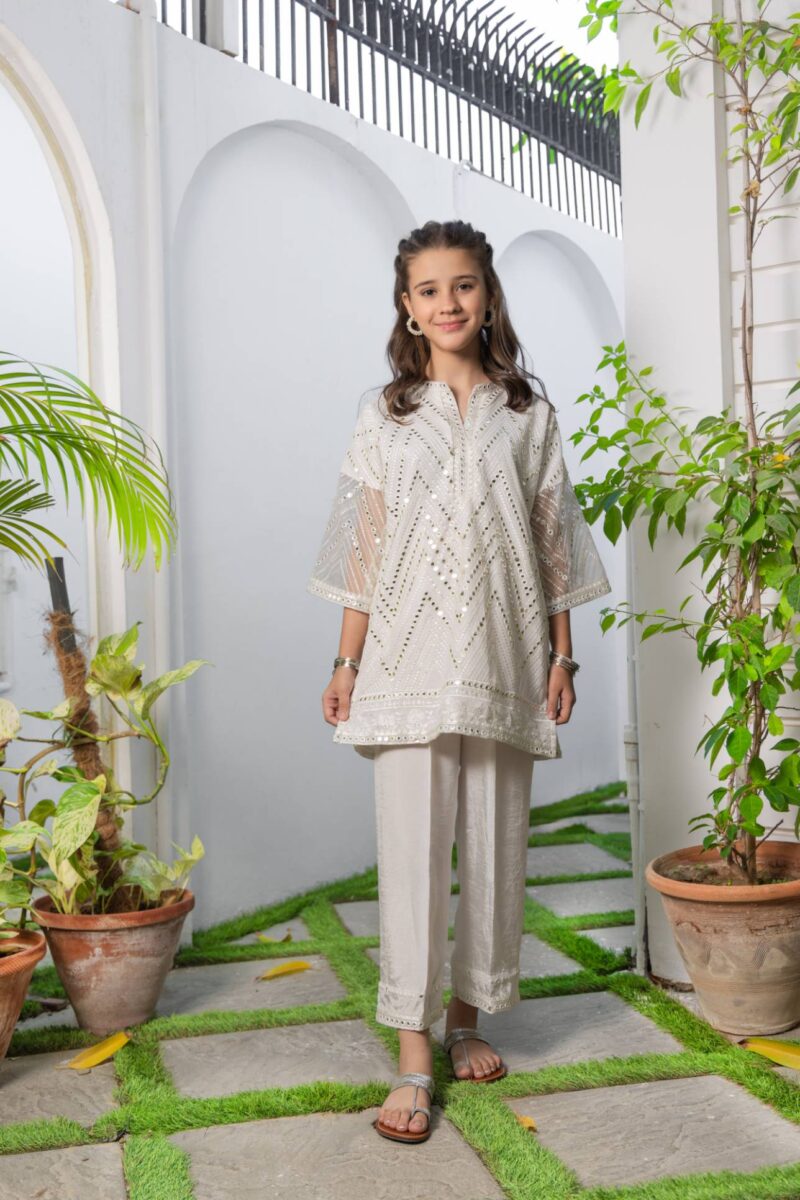 Pakistani White Mirror-Embellished Chiffon Kurta Set (2-Piece) - Image 1