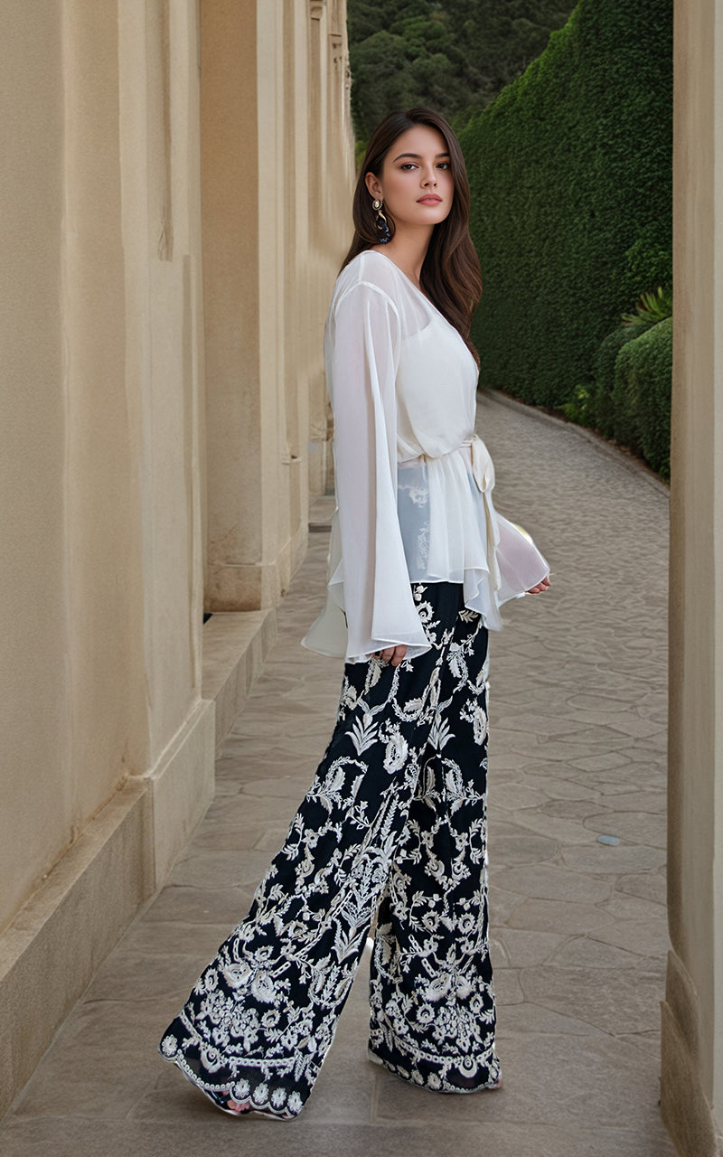 White Chiffon Top with Black Embroidered Trousers (2-Piece) - Image 2