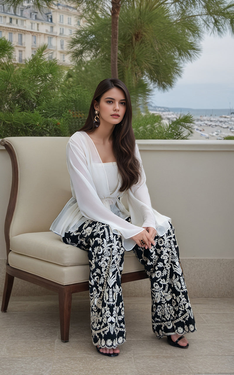 White Chiffon Top with Black Embroidered Trousers (2-Piece) - Image 3
