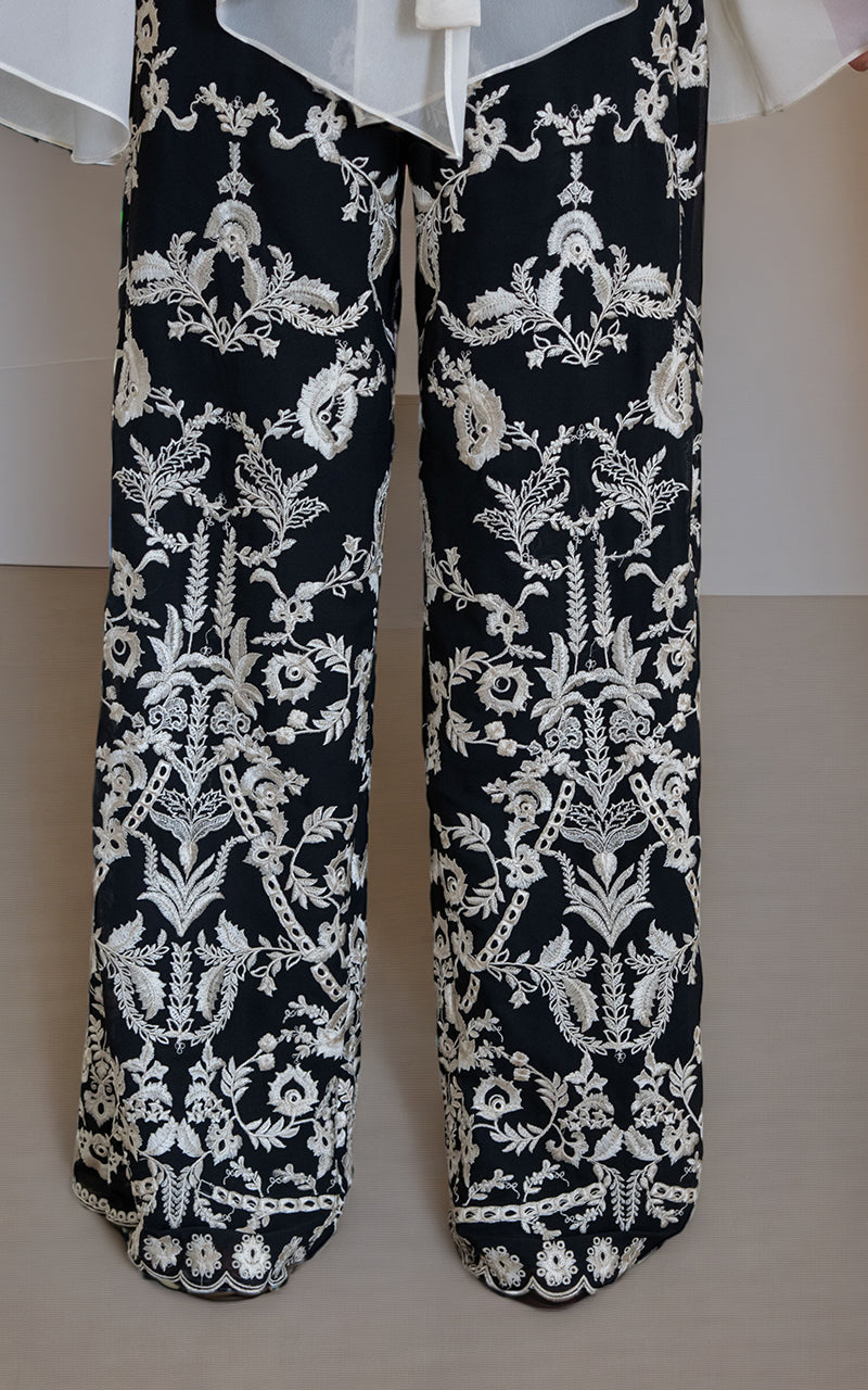 White Chiffon Top with Black Embroidered Trousers (2-Piece) - Image 4