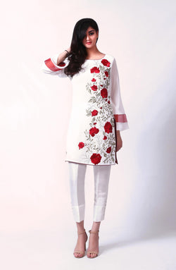 Pakistani White Floral Embroidered Cotton-Blend Salwar Kameez (2-Piece) - Image 1