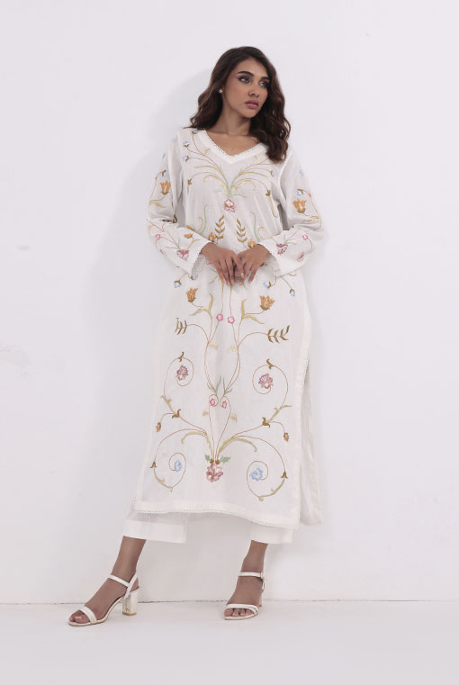 White Embroidered Pure Irish Cotton Salwar Kameez (2-Piece) - Image 1