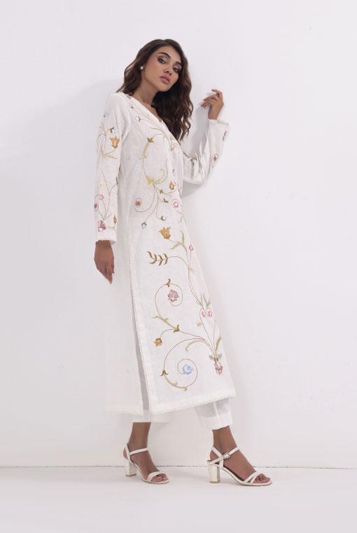 White Embroidered Pure Irish Cotton Salwar Kameez (2-Piece) - Image 2