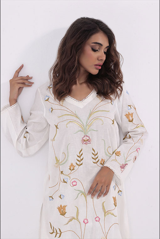 White Embroidered Pure Irish Cotton Salwar Kameez (2-Piece) - Image 3