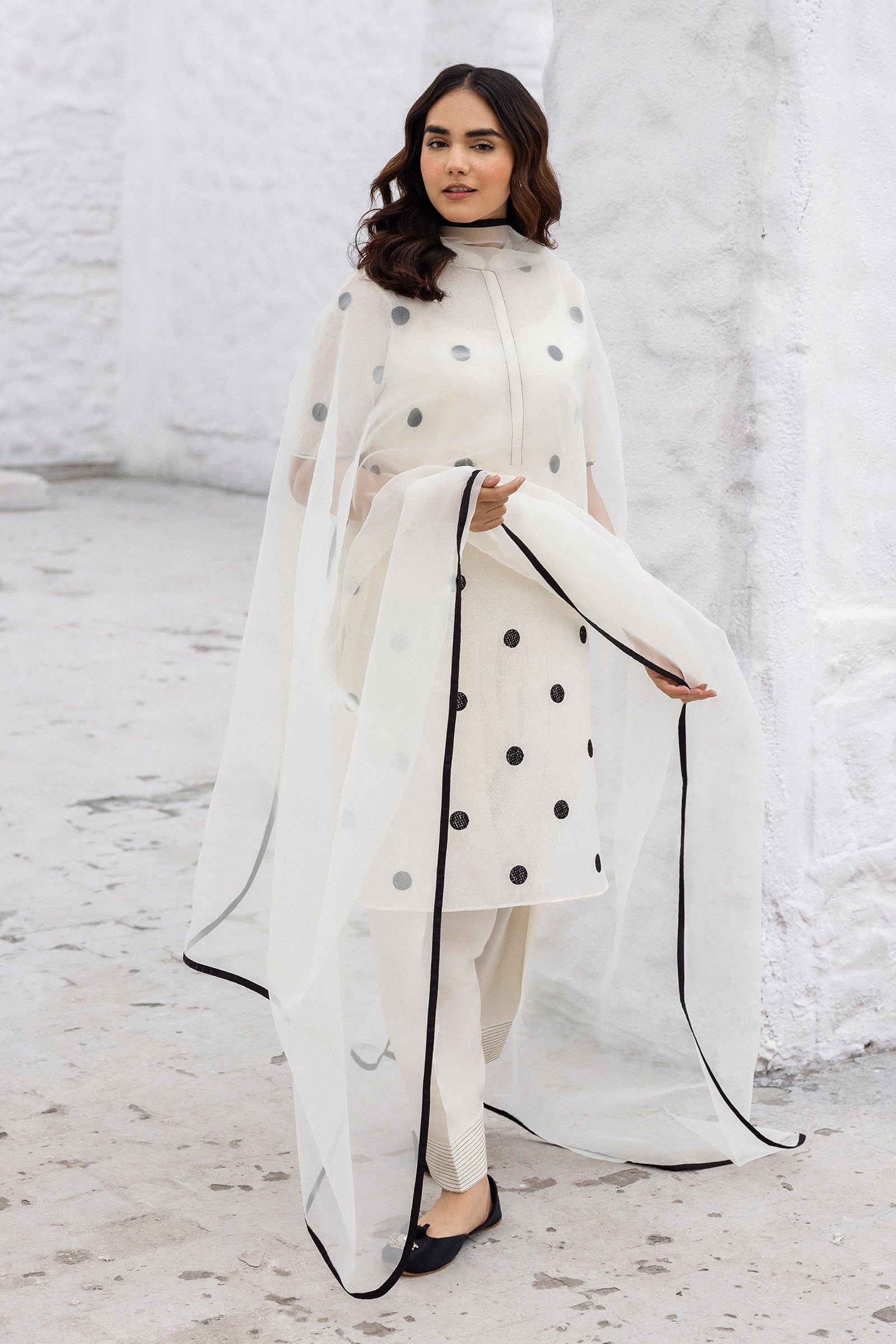 Pakistani Pearl White Polka Embroidered Cotton Karandi Kurta Set (3-Piece) - Image 1